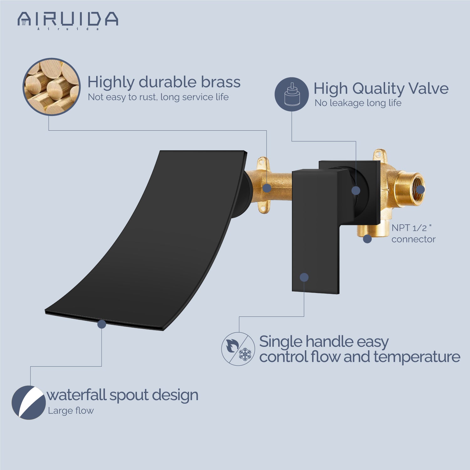 Airuida Wall Mount Wall Mount Bathtub Faucet, Tub Filler with Waterfall Tub Spout, Single Handle Bathroom Mixer Tap Brass Rough-in Valve Included