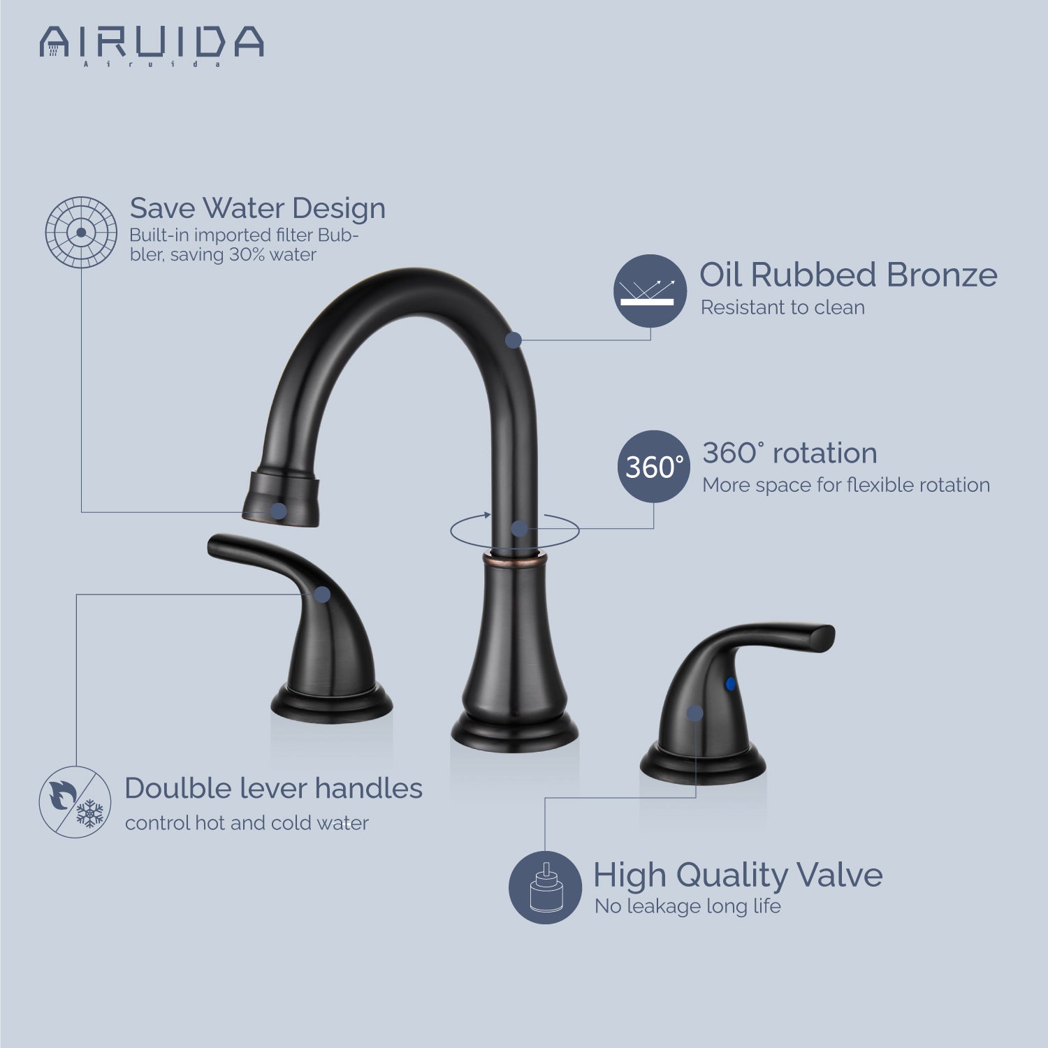 Airuida 8 Inch Widespread Bathroom Sink Faucet 2 Handles 3 Holes 360 Degree Swivel Spout Stainless Steel Lavatory Vanity Faucets Bathroom Faucets