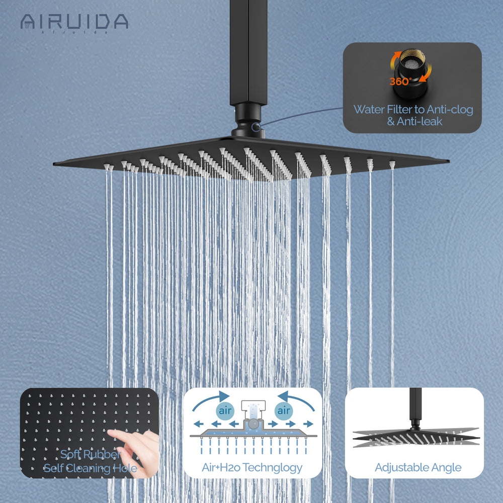 Airuida Matte Black 12 Inch Ceiling Mount Rain Shower Head with Handhe