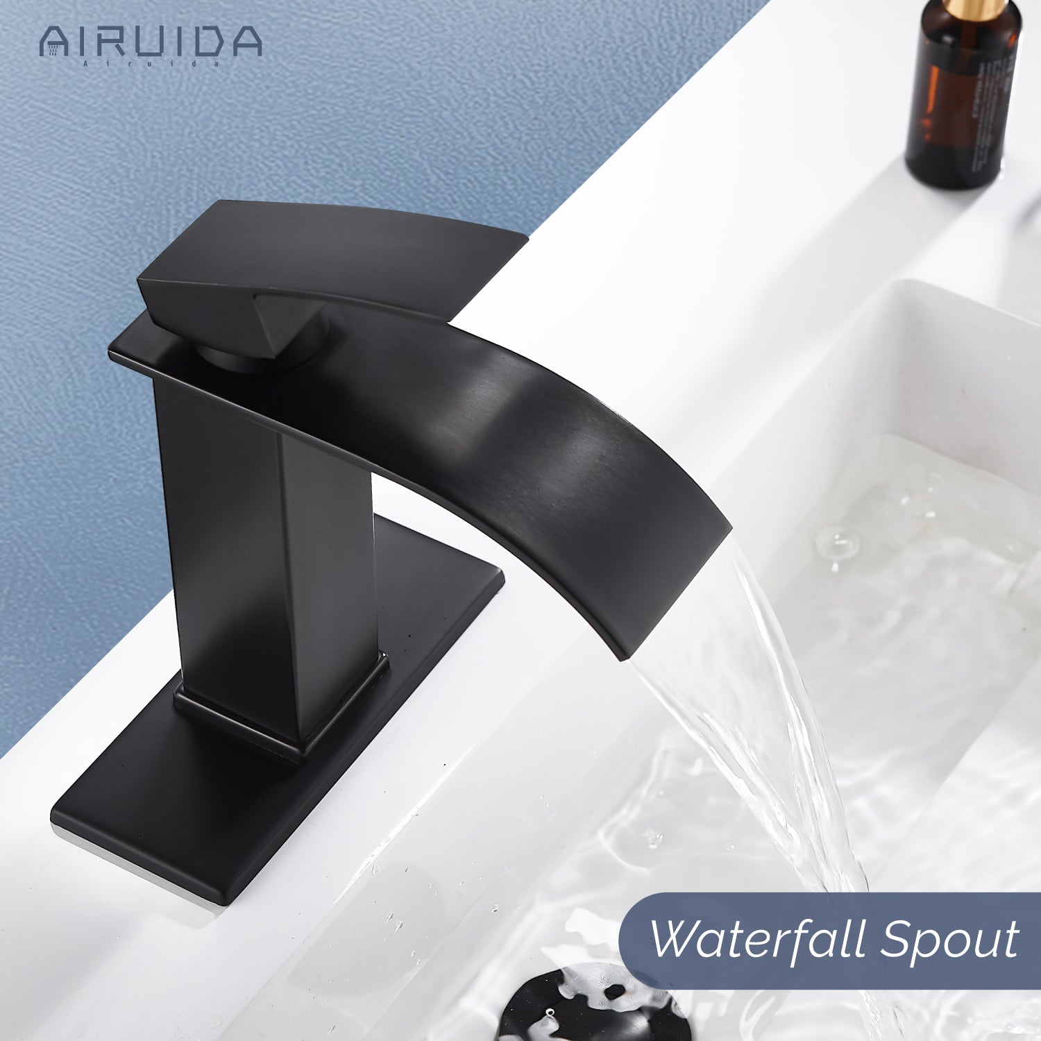 Airuida Waterfall Spout Bathroom Faucet, Single Handle Single Hole Bathroom Sink Faucet-Deck Mount with Deck Plate, Rv Lavatory Vanity Faucet