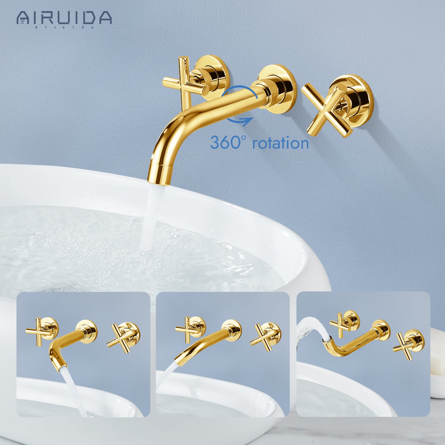 Airuida Wall Mount Bathroom Faucet Solid Brass Widespread Bathroom 360 Swivel Spout Sink Faucet Double Handles Lavatory Basin Sink Mixing Faucet with Rough in Valve