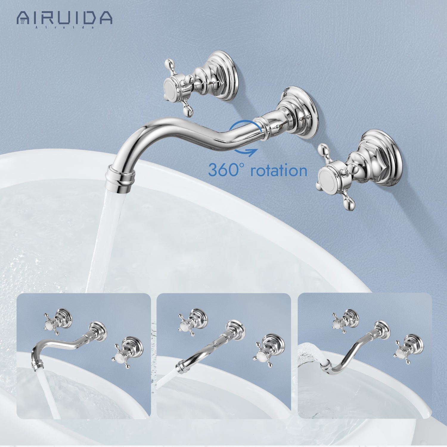 Airuida Wall Mount Faucet, Widespread Wall Mount Bathroom Sink Faucet, 360 Swivel Spout 2 Cross Knobs Handles 3 Holes Lavatory Basin Sink Mixing Faucet with Rough in Valve