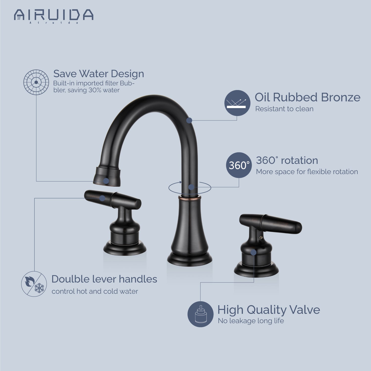 Airuida 8 Inch Widespread Bathroom Sink Faucet 2 Handles 3 Holes 360 Degree Swivel Spout Stainless Steel Lavatory Vanity Faucets Bathroom Faucets