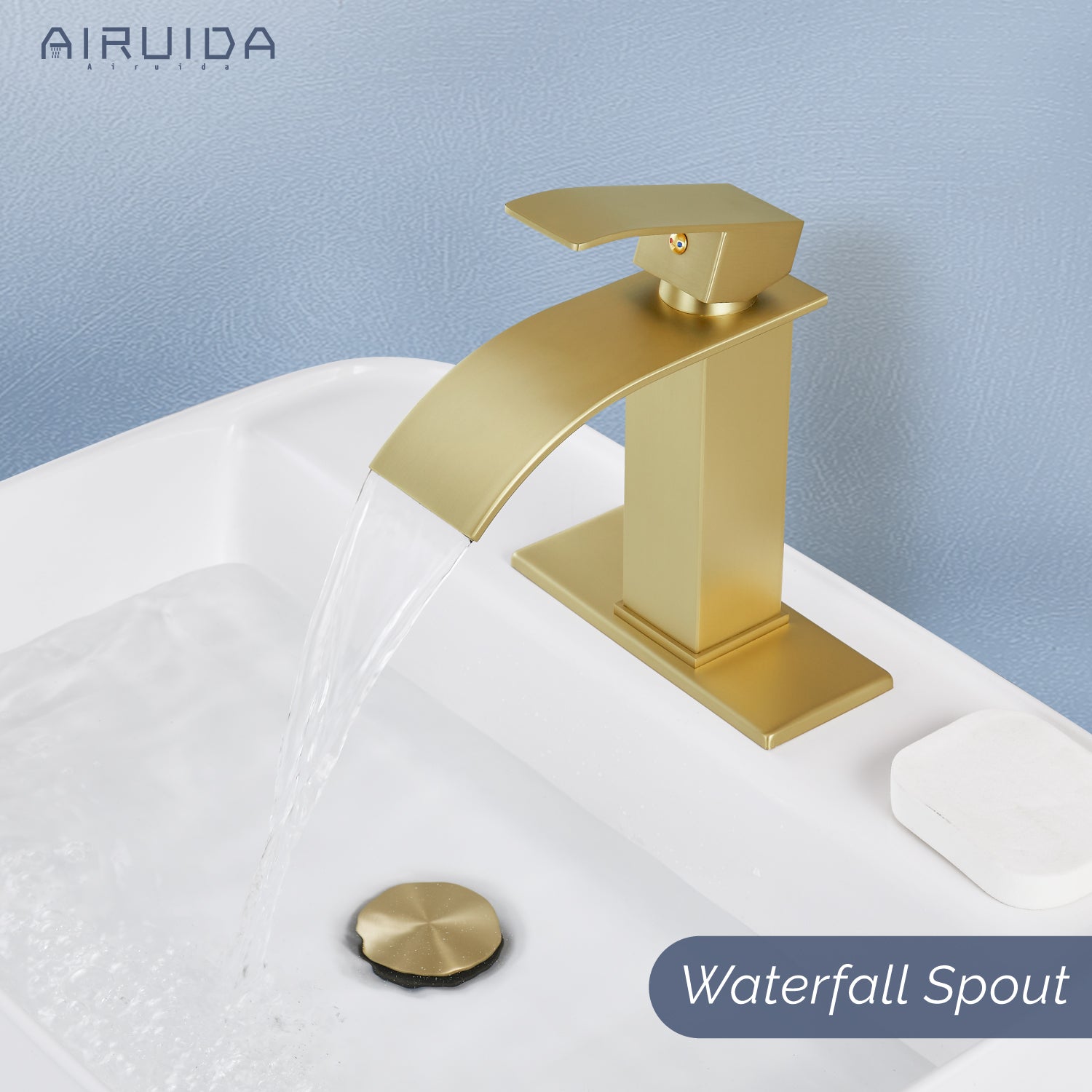 Airuida Waterfall Spout Bathroom Faucet, Single Handle Single Hole Bathroom Sink Faucet-Deck Mount with Deck Plate, Rv Lavatory Vanity Faucet