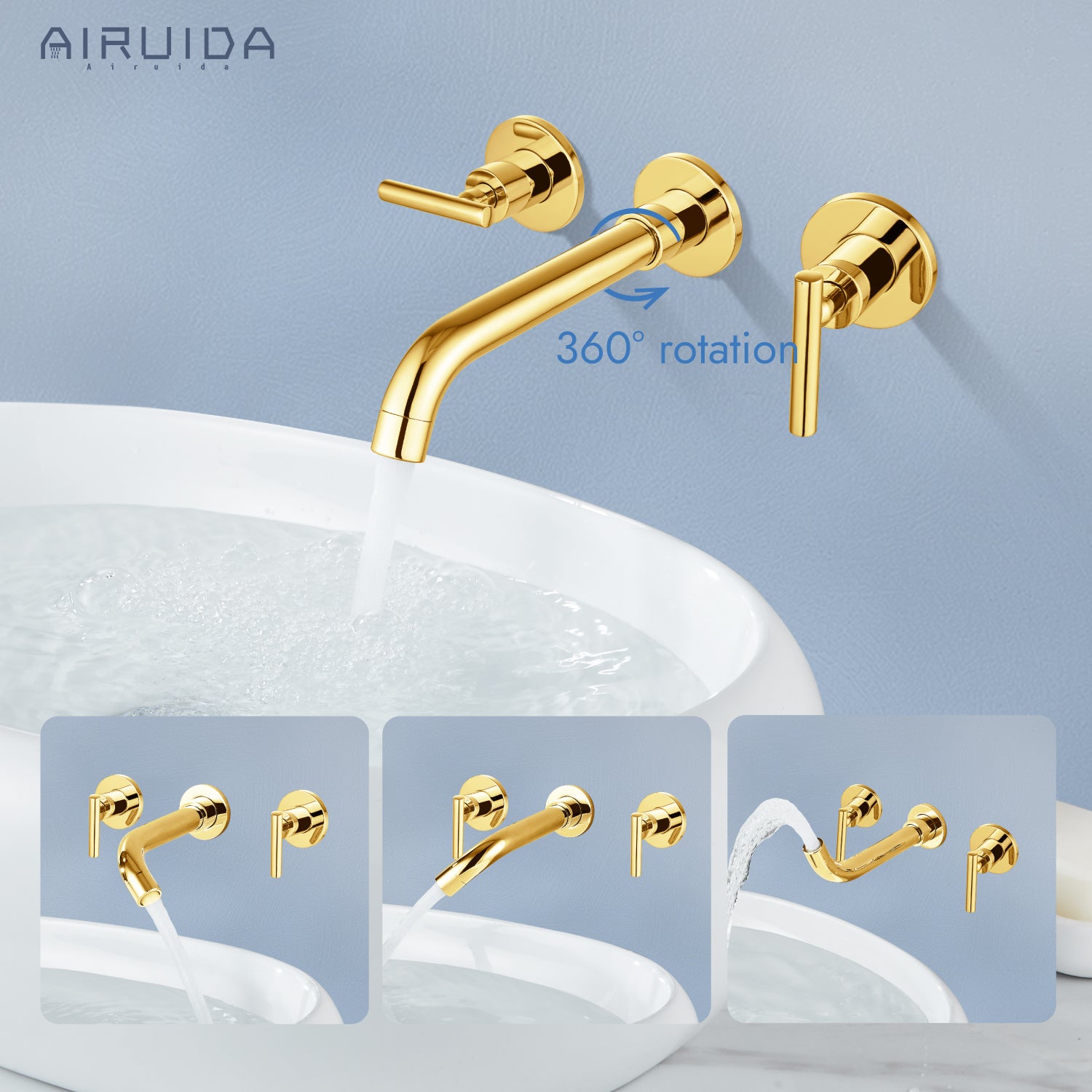 Airuida Wall Mount Bathroom Faucet Solid Brass Widespread Bathroom 360 Swivel Spout Sink Faucet Double Handles Lavatory Basin Sink Mixing Faucet with Rough in Valve