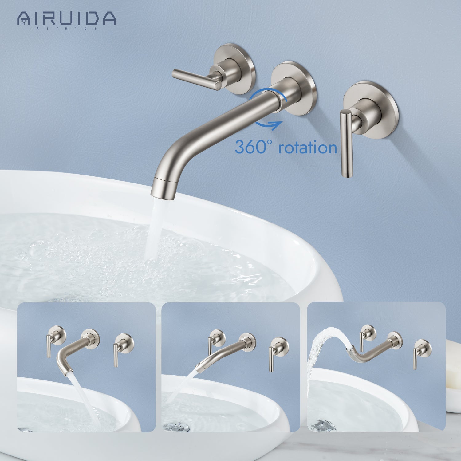 Airuida Wall Mount Bathroom Faucet Solid Brass Widespread Bathroom 360 Swivel Spout Sink Faucet Double Handles Lavatory Basin Sink Mixing Faucet with Rough in Valve