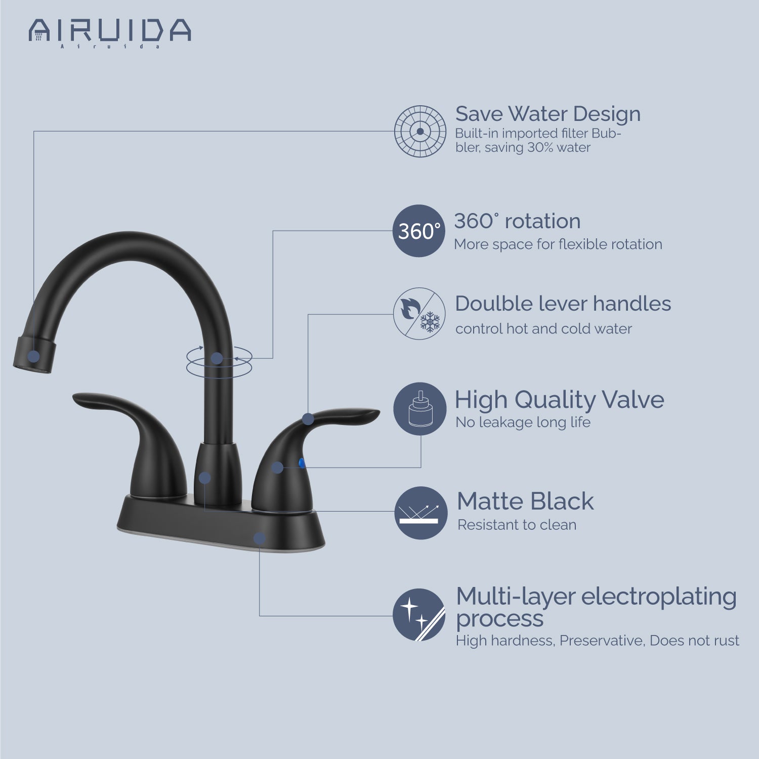 Airuida Bathroom Faucet 4 inch Centerset Two Handle Bathroom Sink Faucet 360°Swivel Spout Bathroom Faucet with Supply Hoses and Pop Up Drain Deck Mount