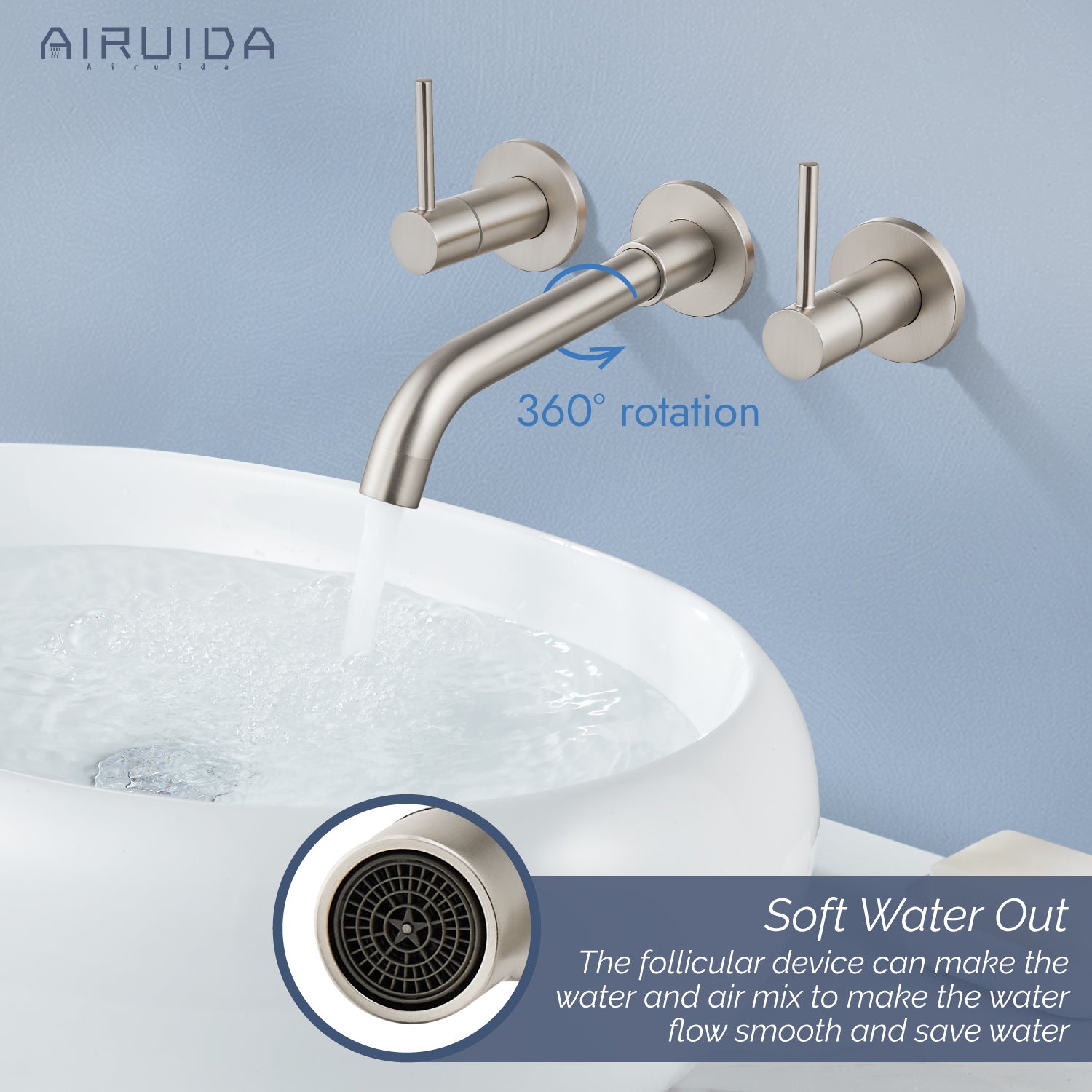 Airuida Wall Mount Bathroom Faucet Solid Brass Widespread Bathroom 360 Swivel Spout Sink Faucet Double Handles Lavatory Basin Sink Mixing Faucet with Rough in Valve