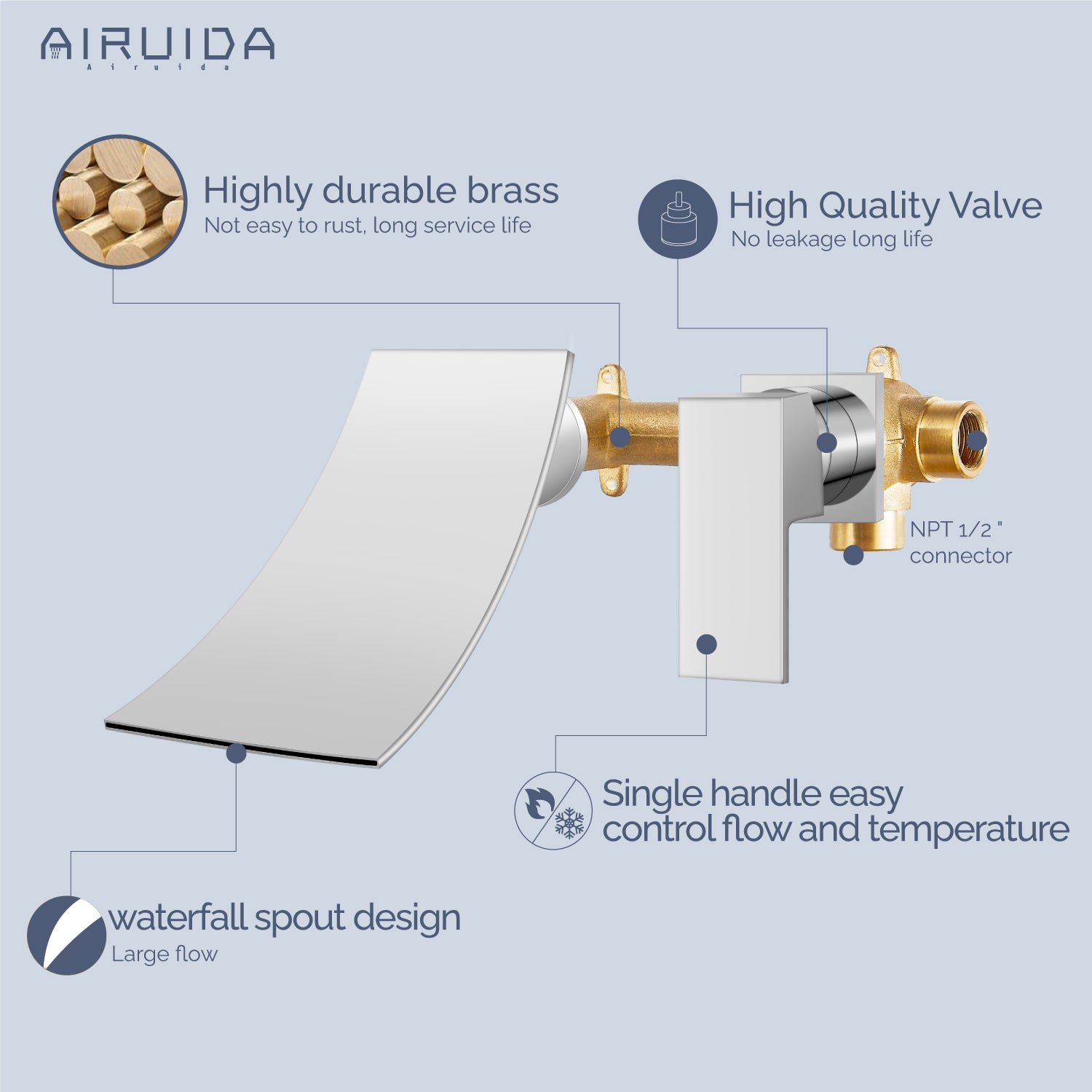 Airuida Wall Mount Wall Mount Bathtub Faucet, Tub Filler with Waterfall Tub Spout, Single Handle Bathroom Mixer Tap Brass Rough-in Valve Included