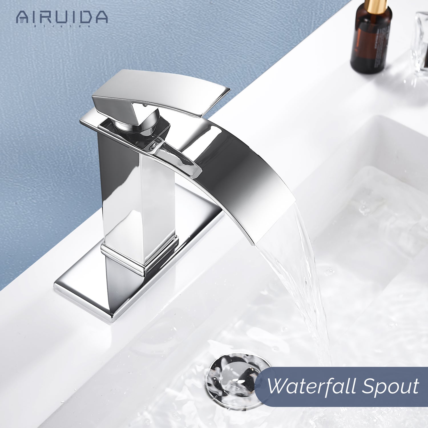 Airuida Waterfall Spout Bathroom Faucet, Single Handle Single Hole Bathroom Sink Faucet-Deck Mount with Deck Plate, Rv Lavatory Vanity Faucet