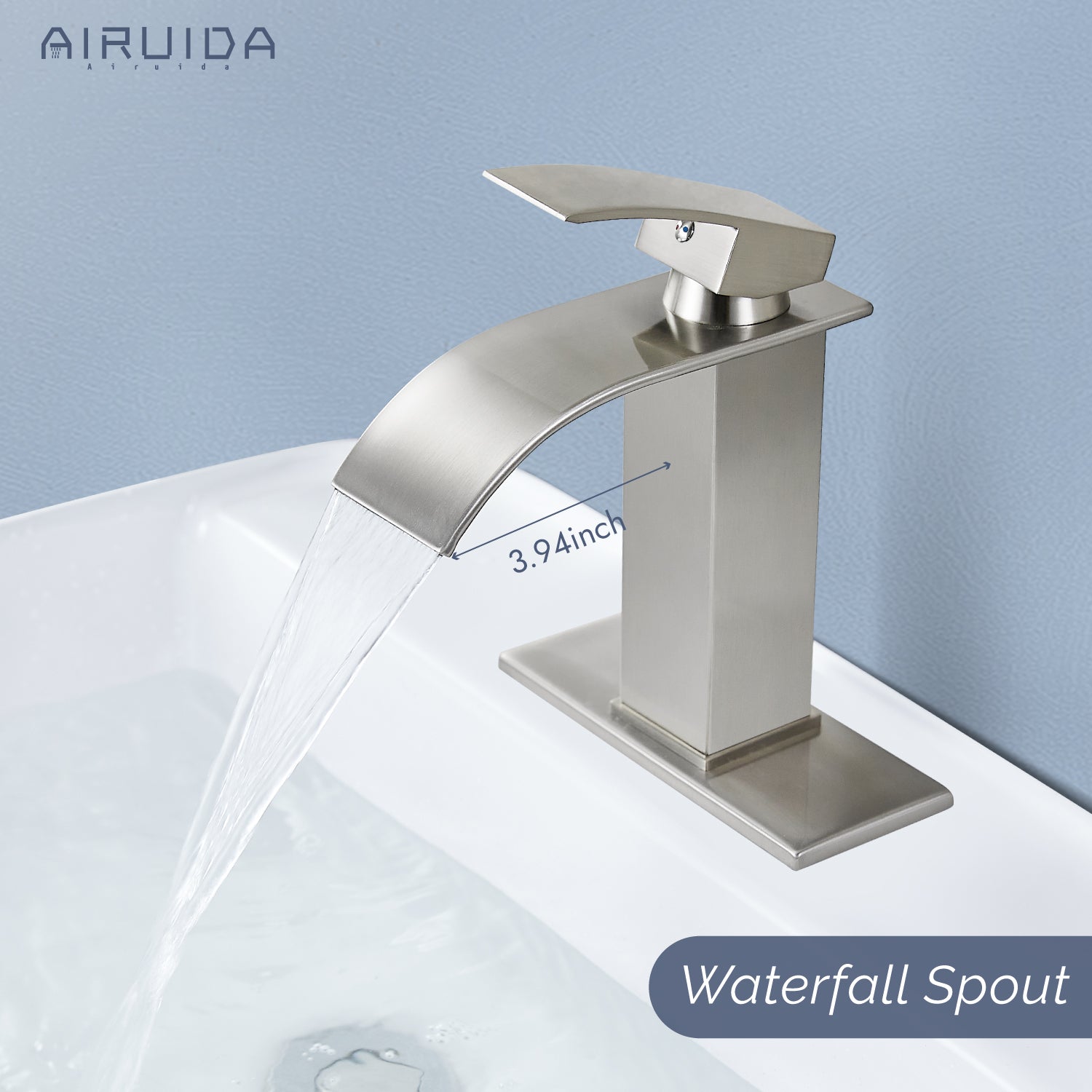 Airuida Waterfall Spout Bathroom Faucet, Single Handle Single Hole Bathroom Sink Faucet-Deck Mount with Deck Plate, Rv Lavatory Vanity Faucet