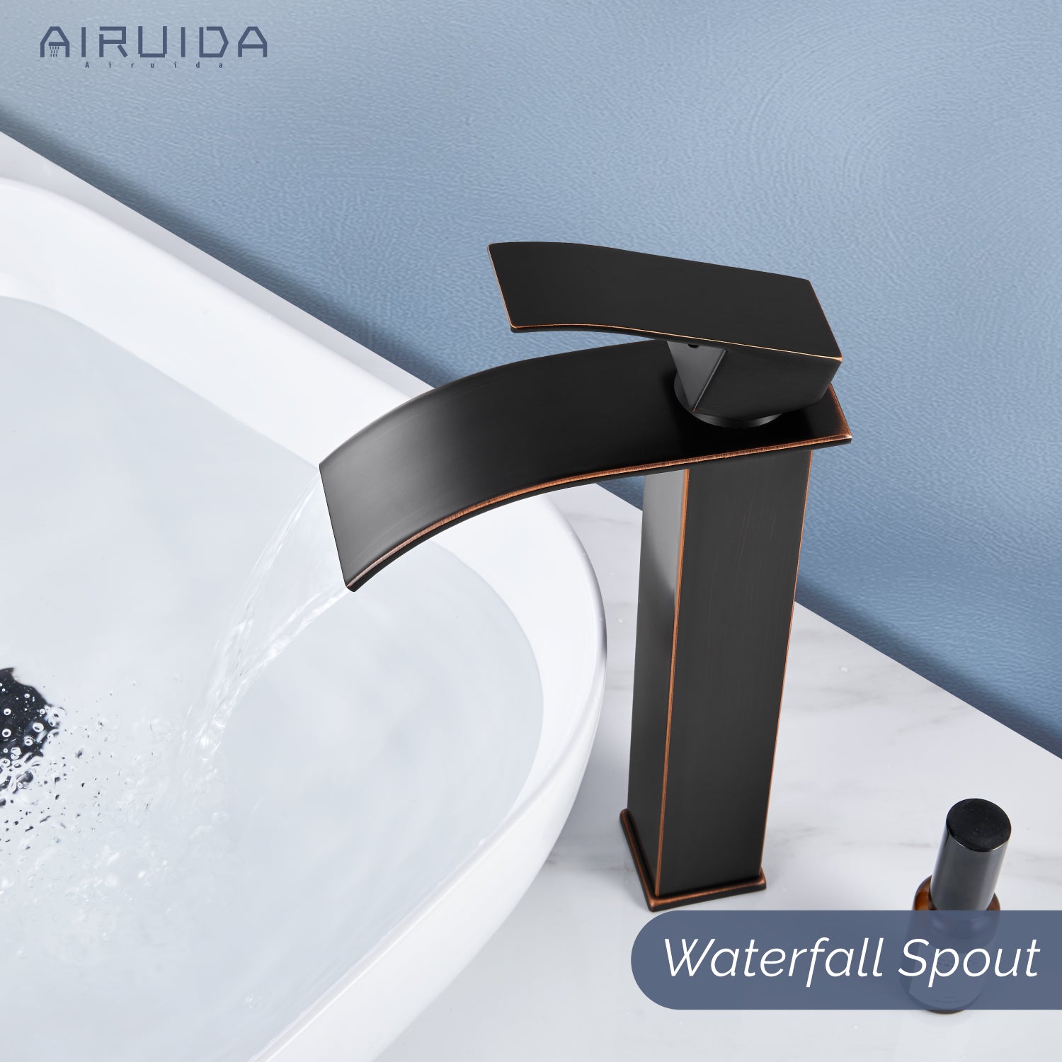 Airuida Vessel Sink Faucet Tall Waterfall Bathroom Faucet, Single Handle One Hole Mixer Bowl Tap with Large Rectangular Spout, Bar Sink Faucet Lavatory Vanity
