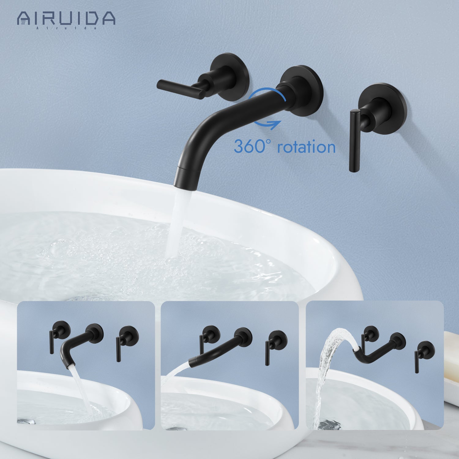 Airuida Wall Mount Bathroom Faucet Solid Brass Widespread Bathroom 360 Swivel Spout Sink Faucet Double Handles Lavatory Basin Sink Mixing Faucet with Rough in Valve