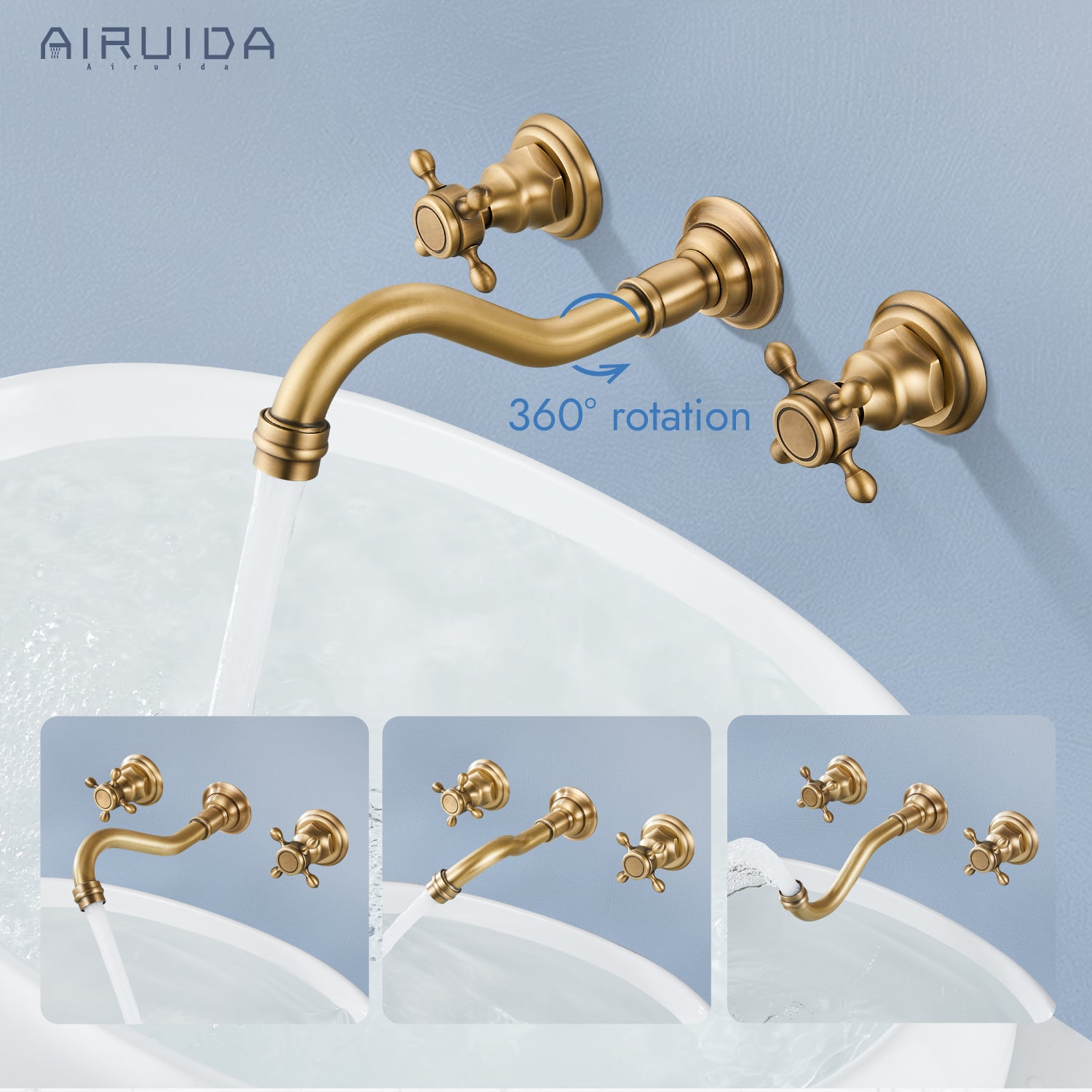 Airuida Wall Mount Faucet, Widespread Wall Mount Bathroom Sink Faucet, 360 Swivel Spout 2 Cross Knobs Handles 3 Holes Lavatory Basin Sink Mixing Faucet with Rough in Valve