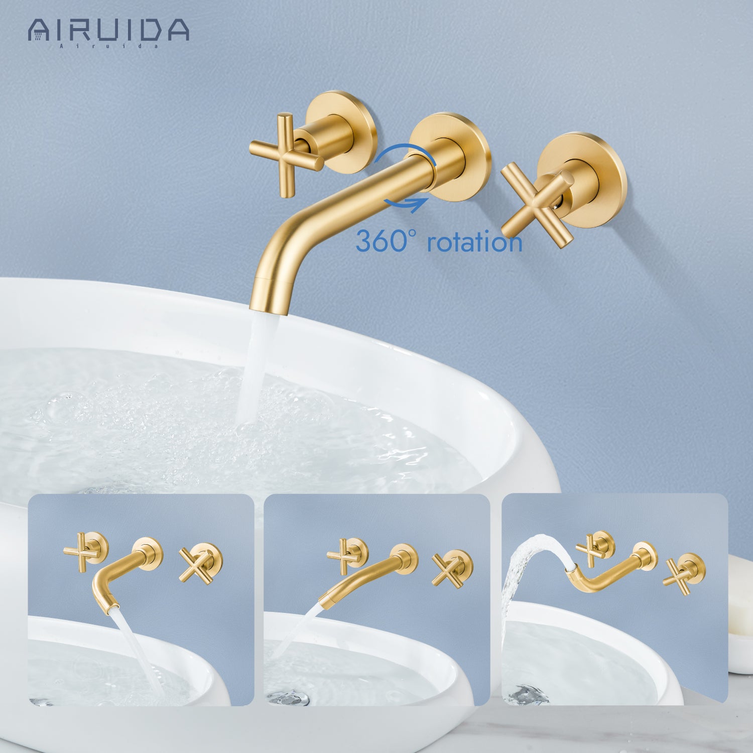 Airuida Wall Mount Bathroom Faucet Solid Brass Widespread Bathroom 360 Swivel Spout Sink Faucet Double Handles Lavatory Basin Sink Mixing Faucet with Rough in Valve