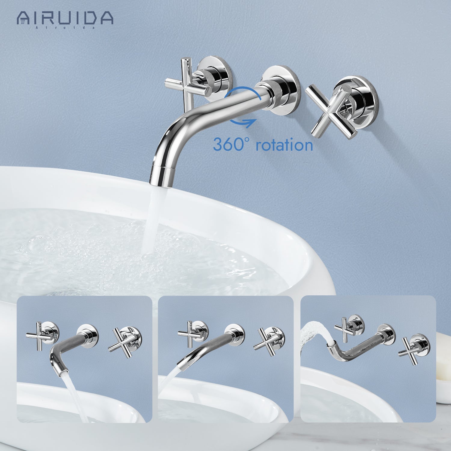 Airuida Wall Mount Bathroom Faucet Solid Brass Widespread Bathroom 360 Swivel Spout Sink Faucet Double Handles Lavatory Basin Sink Mixing Faucet with Rough in Valve