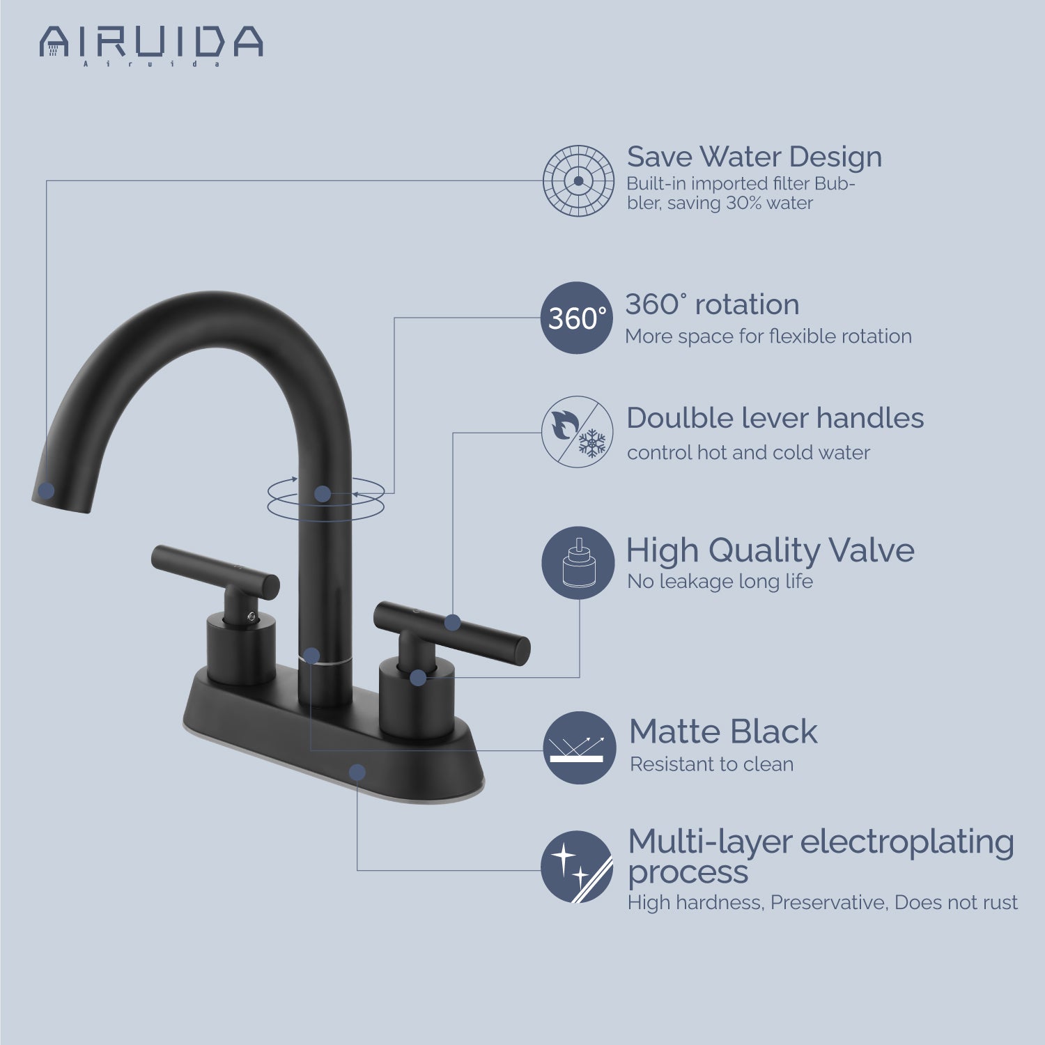 Airuida Bathroom Faucet 4 inch Centerset Two Handle Bathroom Sink Faucet 360°Swivel Spout Bathroom Faucet with Supply Hoses and Pop Up Drain Deck Mount