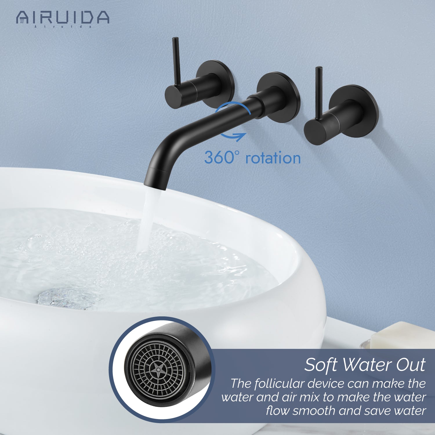 Airuida Wall Mount Bathroom Faucet Solid Brass Widespread Bathroom 360 Swivel Spout Sink Faucet Double Handles Lavatory Basin Sink Mixing Faucet with Rough in Valve