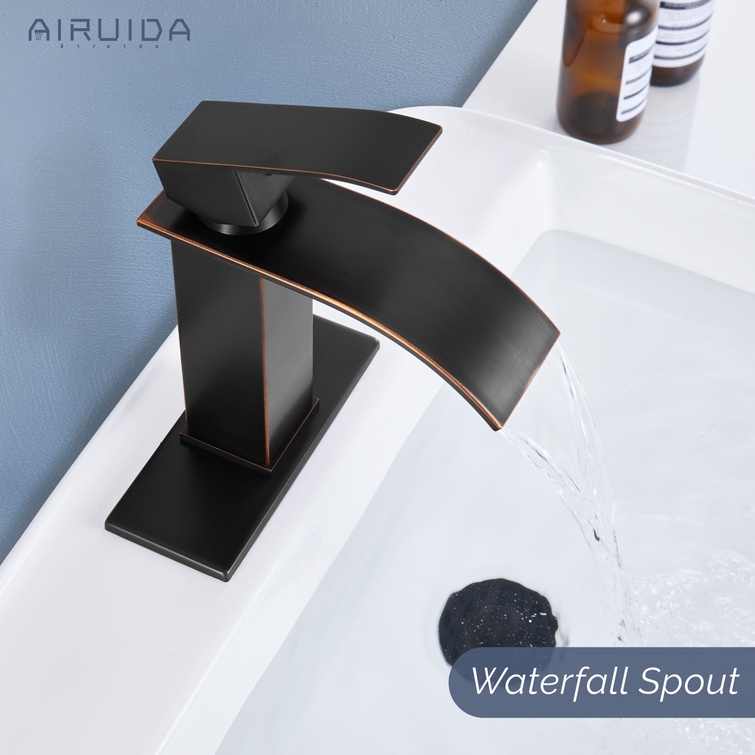 Airuida Waterfall Spout Bathroom Faucet, Single Handle Single Hole Bathroom Sink Faucet-Deck Mount with Deck Plate, Rv Lavatory Vanity Faucet