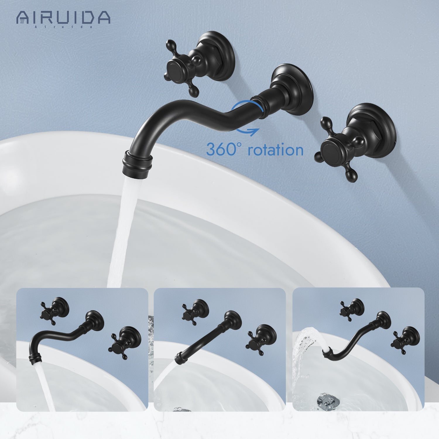 Airuida Wall Mount Faucet, Widespread Wall Mount Bathroom Sink Faucet, 360 Swivel Spout 2 Cross Knobs Handles 3 Holes Lavatory Basin Sink Mixing Faucet with Rough in Valve