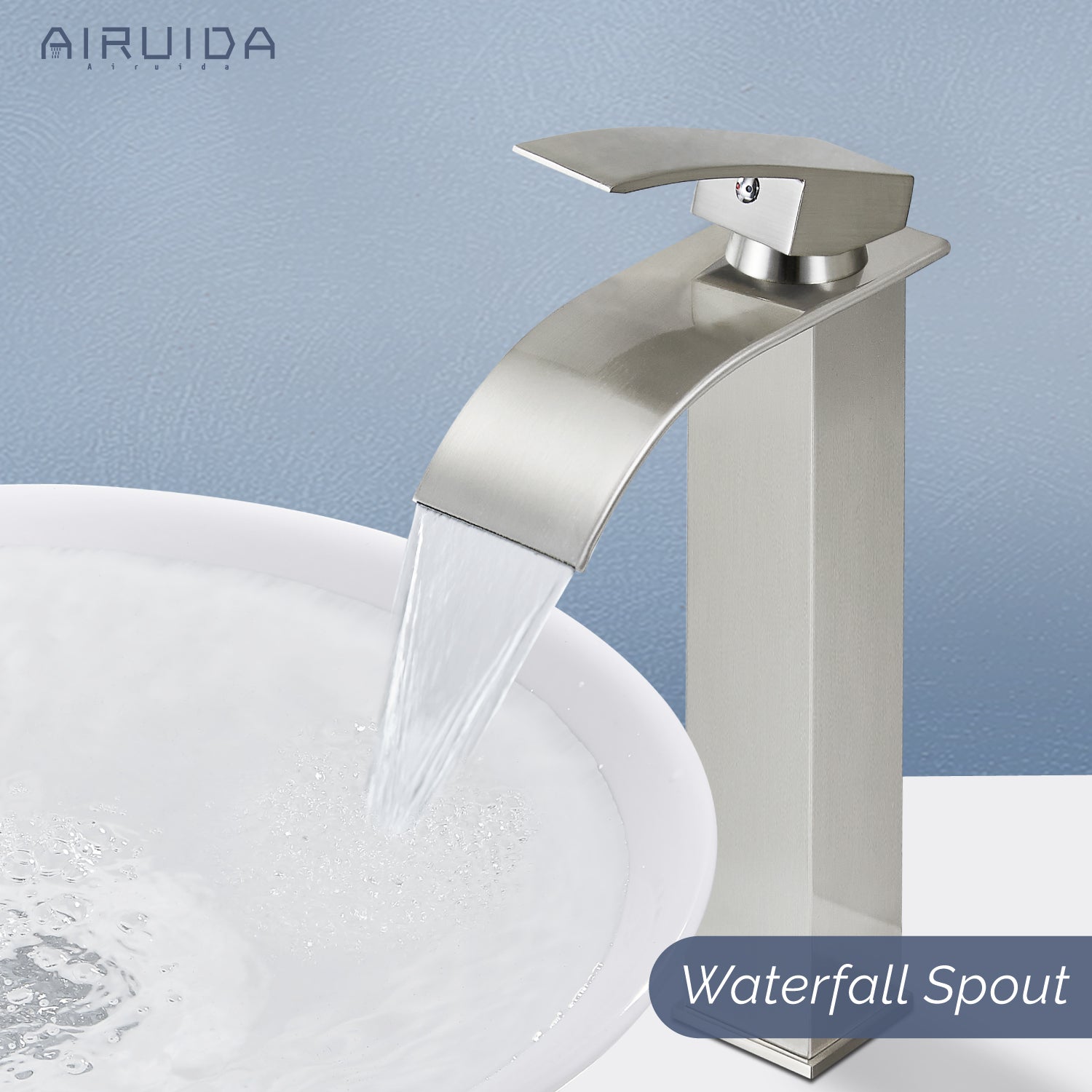 Airuida Vessel Sink Faucet Tall Waterfall Bathroom Faucet, Single Handle One Hole Mixer Bowl Tap with Large Rectangular Spout, Bar Sink Faucet Lavatory Vanity