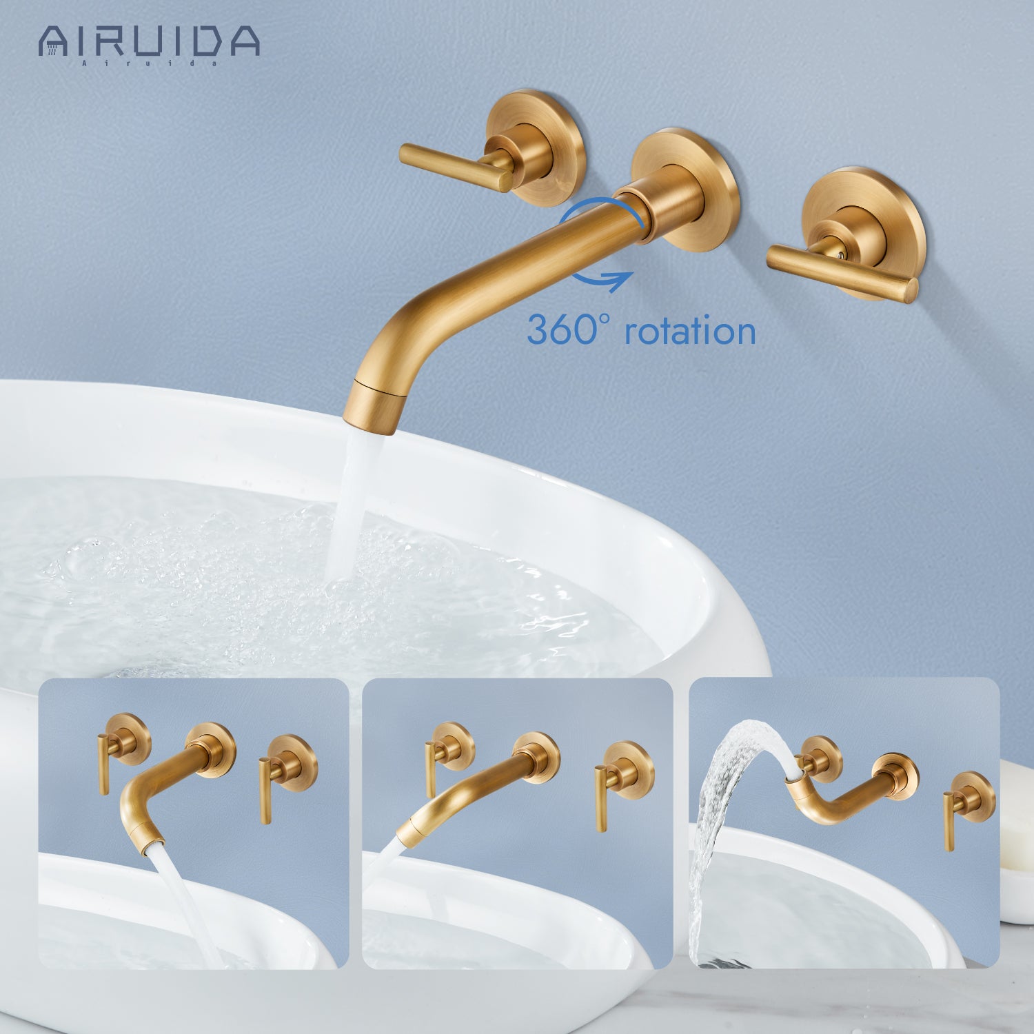 Airuida Wall Mount Bathroom Faucet Solid Brass Widespread Bathroom 360 Swivel Spout Sink Faucet Double Handles Lavatory Basin Sink Mixing Faucet with Rough in Valve