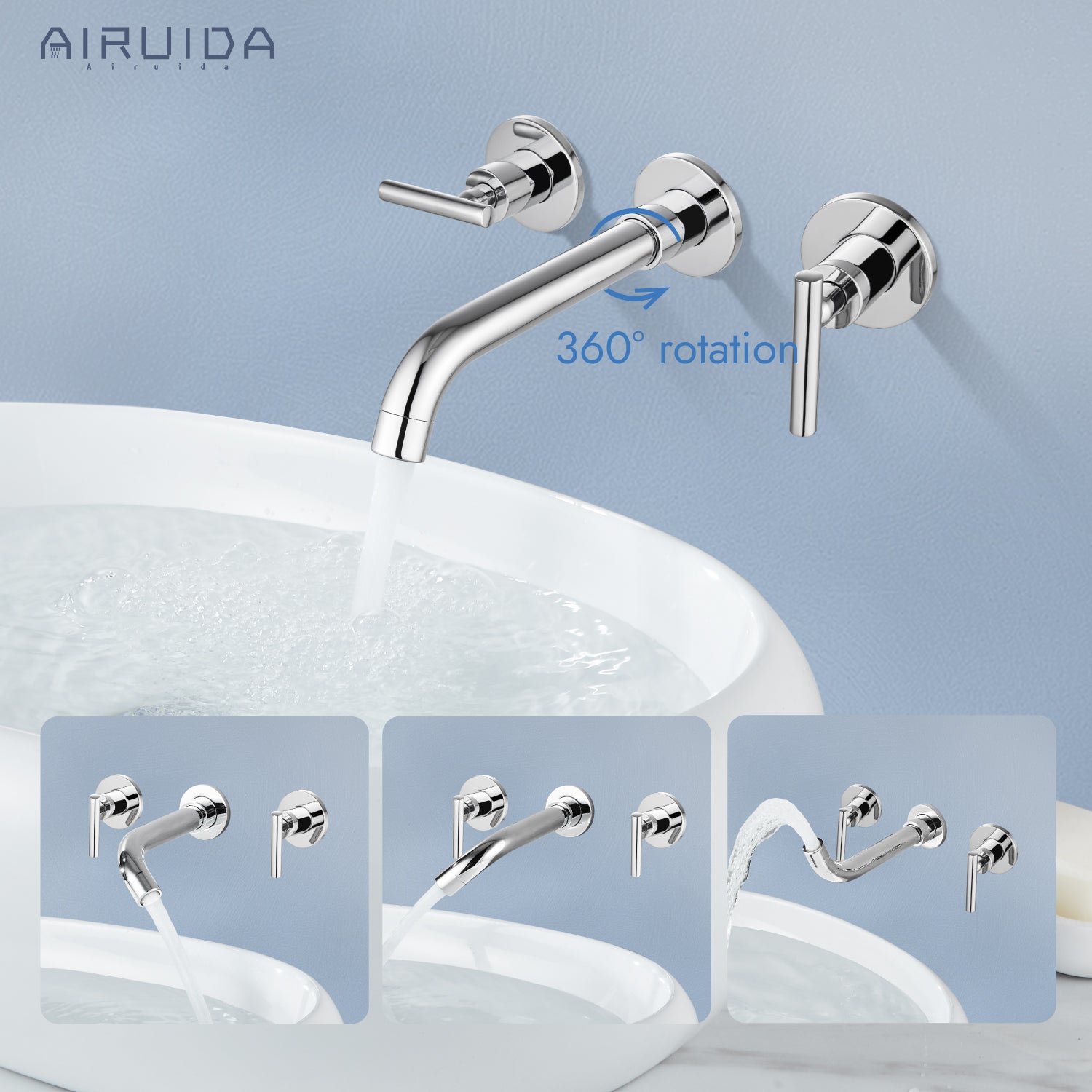 Airuida Wall Mount Bathroom Faucet Solid Brass Widespread Bathroom 360 Swivel Spout Sink Faucet Double Handles Lavatory Basin Sink Mixing Faucet with Rough in Valve