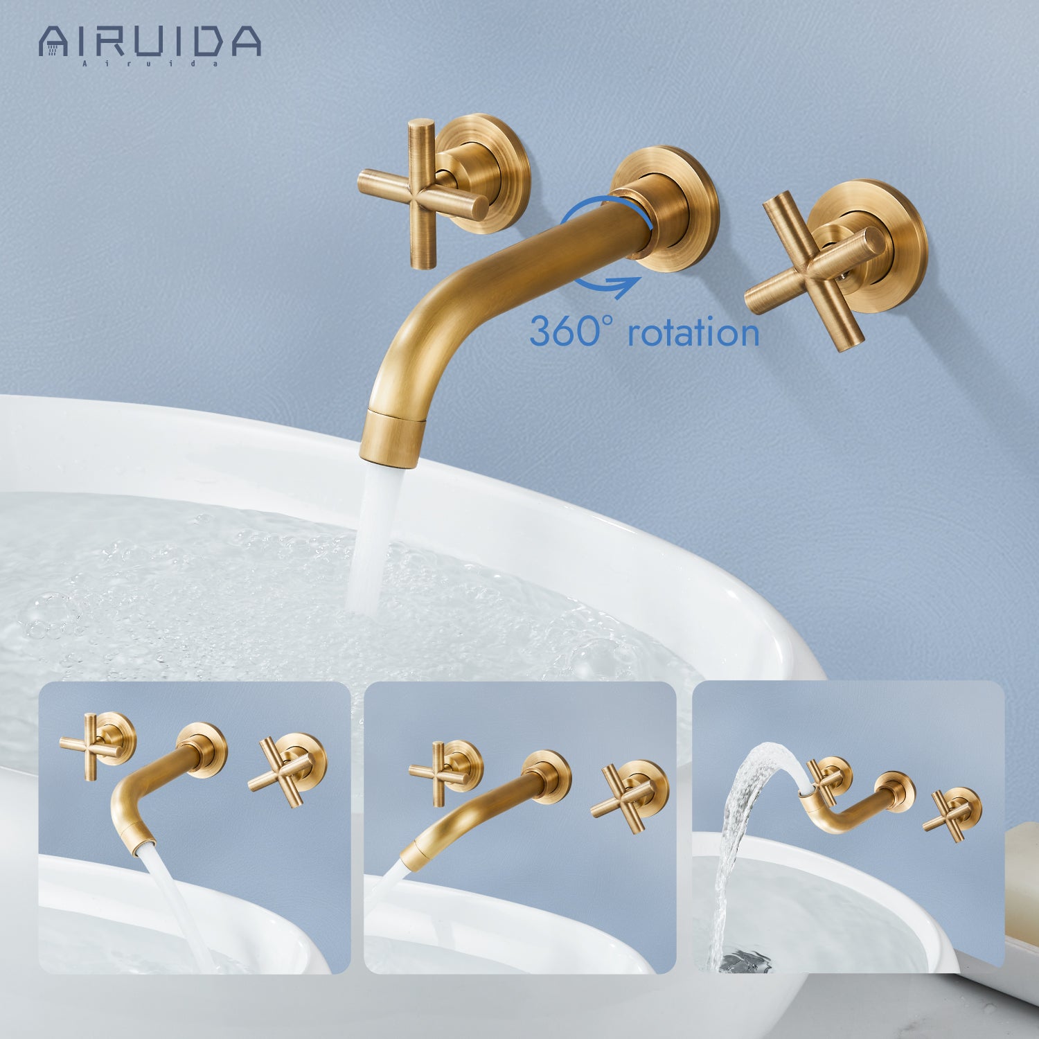 Airuida Wall Mount Bathroom Faucet Solid Brass Widespread Bathroom 360 Swivel Spout Sink Faucet Double Handles Lavatory Basin Sink Mixing Faucet with Rough in Valve