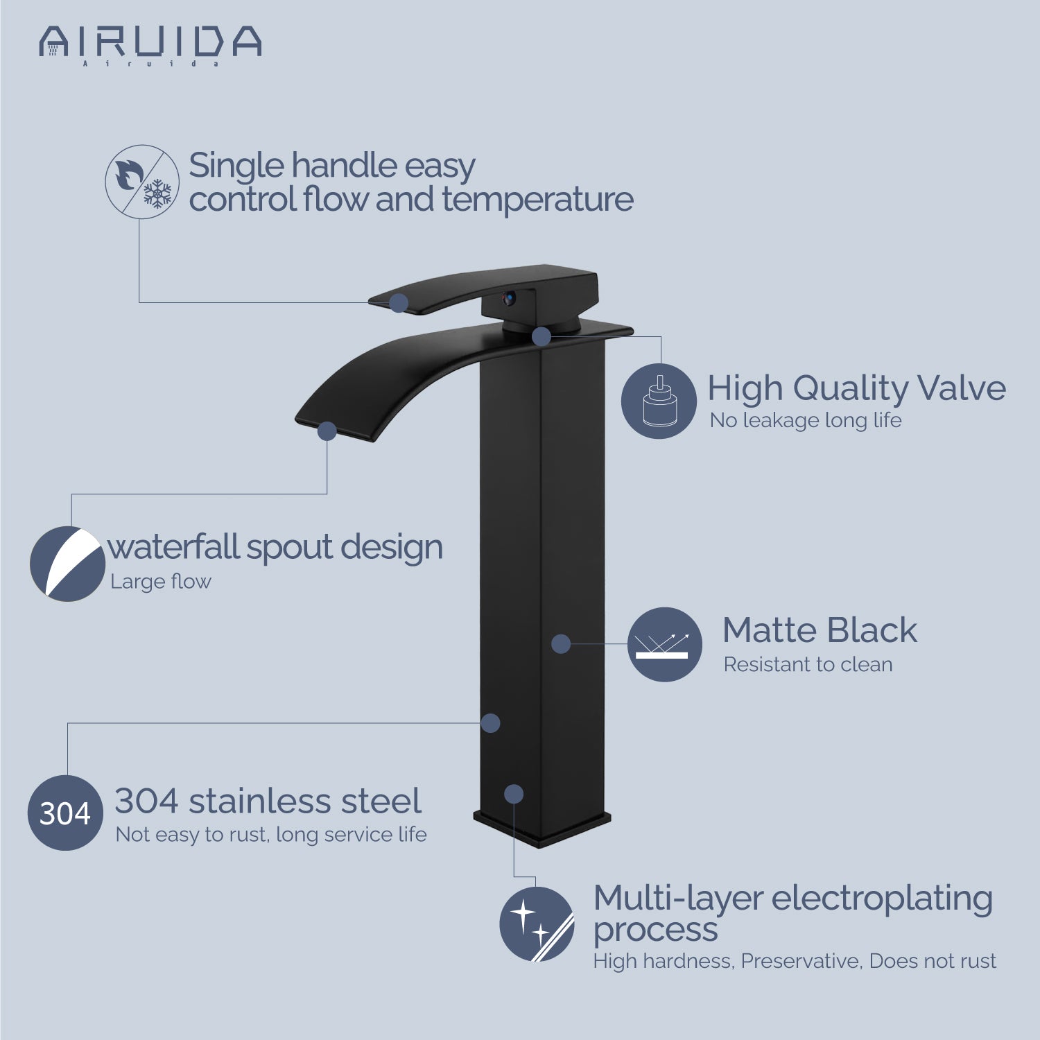 Airuida Vessel Sink Faucet Tall Waterfall Bathroom Faucet, Single Handle One Hole Mixer Bowl Tap with Large Rectangular Spout, Bar Sink Faucet Lavatory Vanity