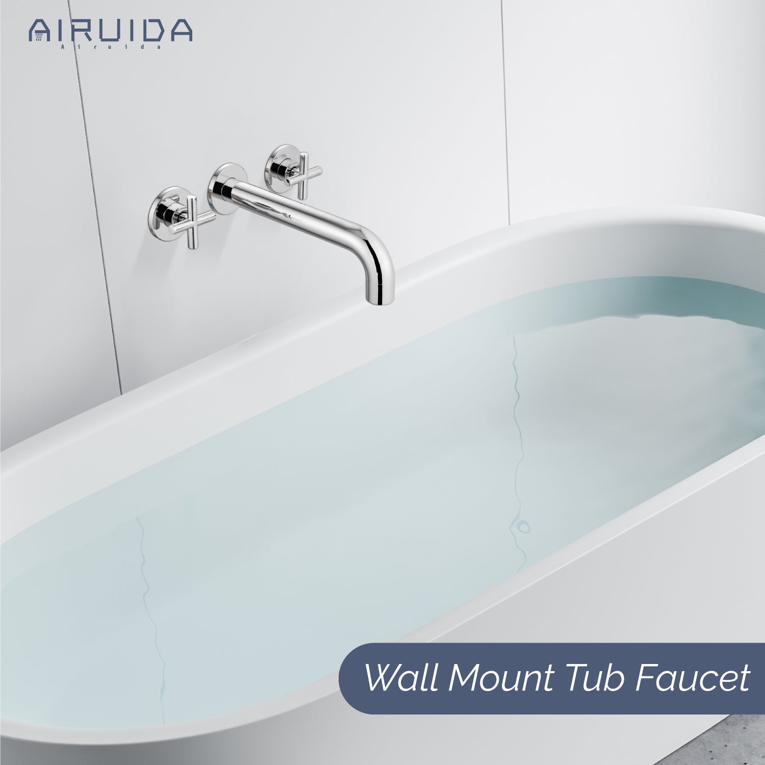 Airuida Wall Mounted Tub Faucet, Wall Mount Tub Filler,Wall Mount Bathtub Faucet with High Flow Two Cross Solid Brass Handles, Long Spout Reach with Rough-in Valve Included