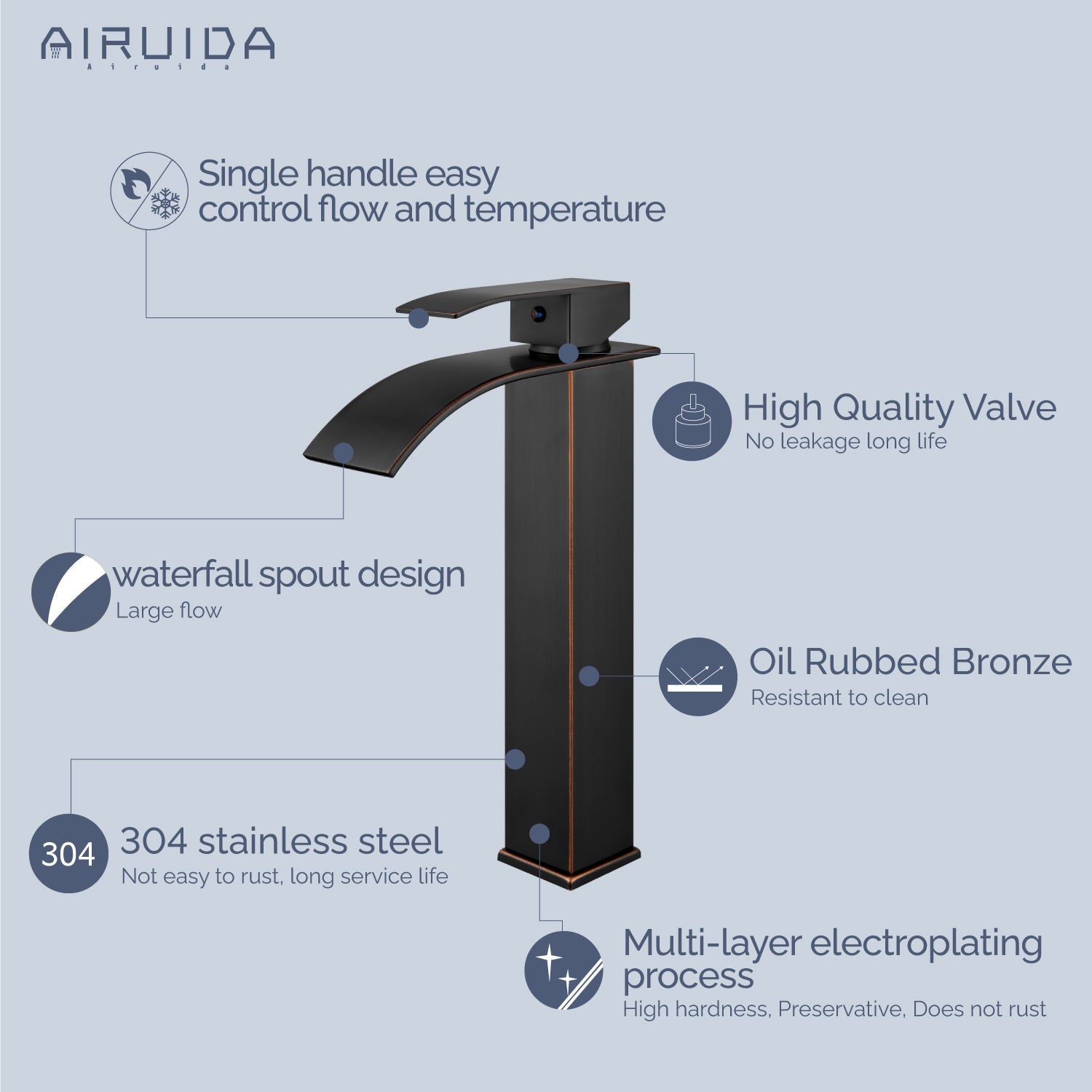 Airuida Vessel Sink Faucet Tall Waterfall Bathroom Faucet, Single Handle One Hole Mixer Bowl Tap with Large Rectangular Spout, Bar Sink Faucet Lavatory Vanity