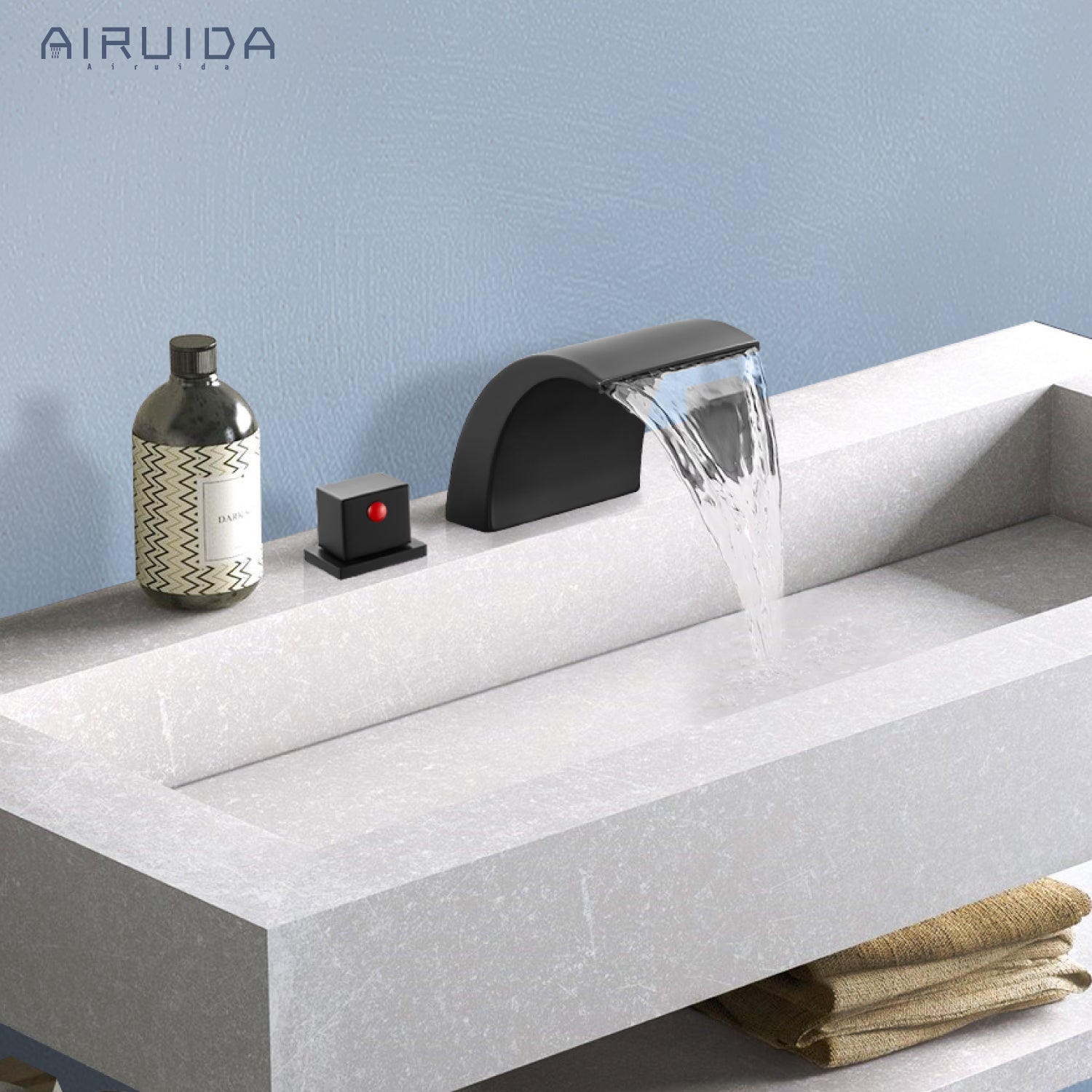 Airuida Widespread Waterfall Bathroom Faucet, Deck Mounted 8 Inch Faucet, Double Handles 3 Holes Waterfall Bathroom Faucet