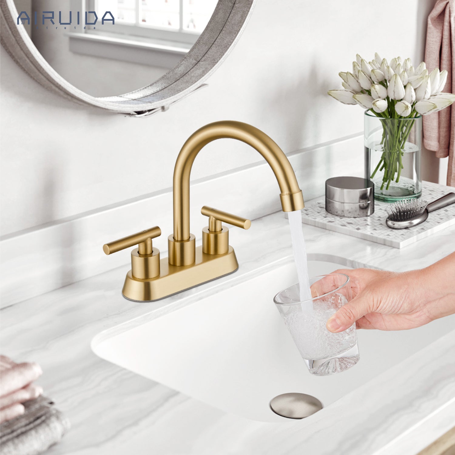 Airuida Bathroom Faucet 4 inch Centerset Two Handle Bathroom Sink Faucet 360°Swivel Spout Bathroom Faucet with Supply Hoses and Pop Up Drain Deck Mount