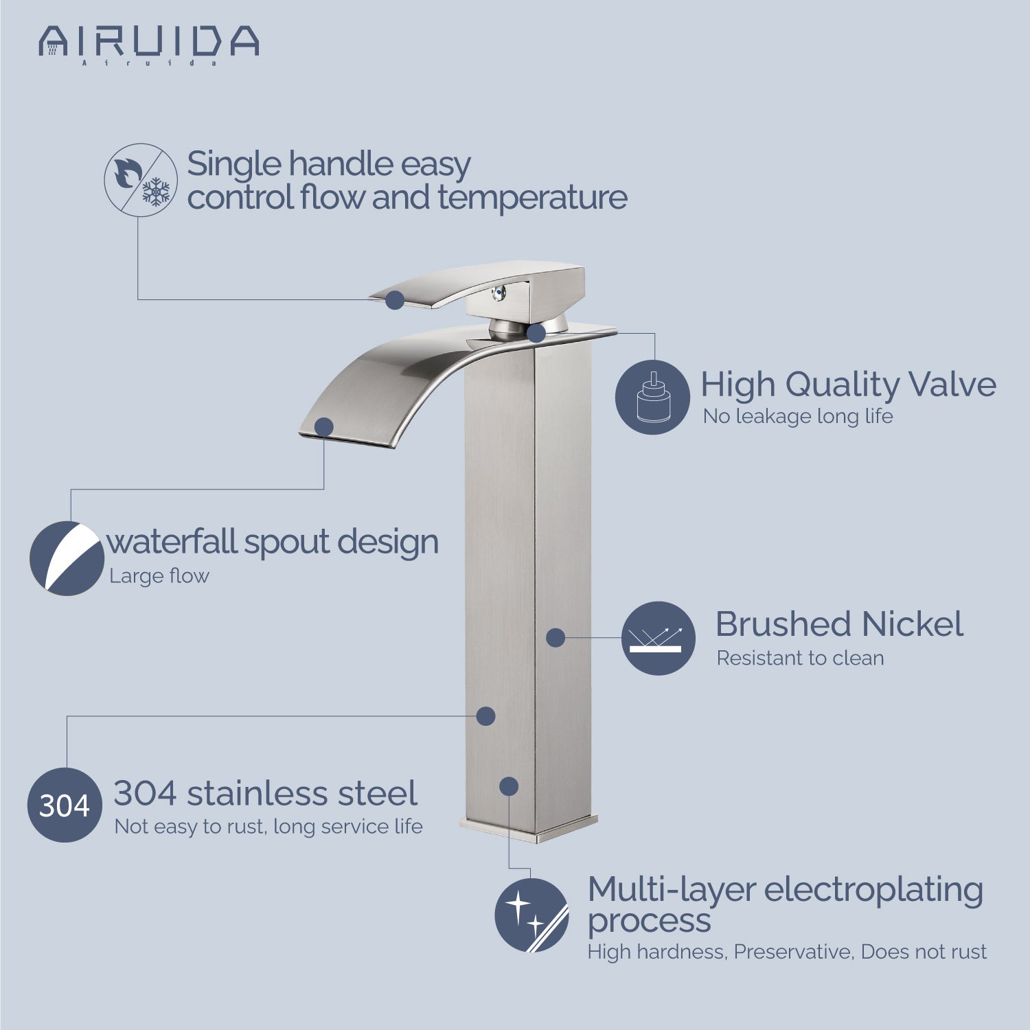 Airuida Vessel Sink Faucet Tall Waterfall Bathroom Faucet, Single Handle One Hole Mixer Bowl Tap with Large Rectangular Spout, Bar Sink Faucet Lavatory Vanity