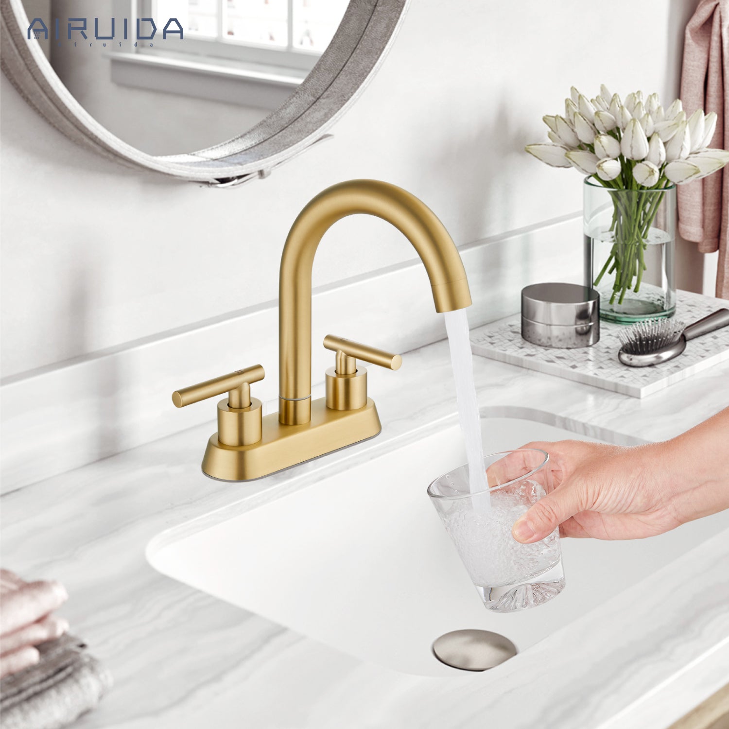 Airuida Bathroom Faucet 4 inch Centerset Two Handle Bathroom Sink Faucet 360°Swivel Spout Bathroom Faucet with Supply Hoses and Pop Up Drain Deck Mount