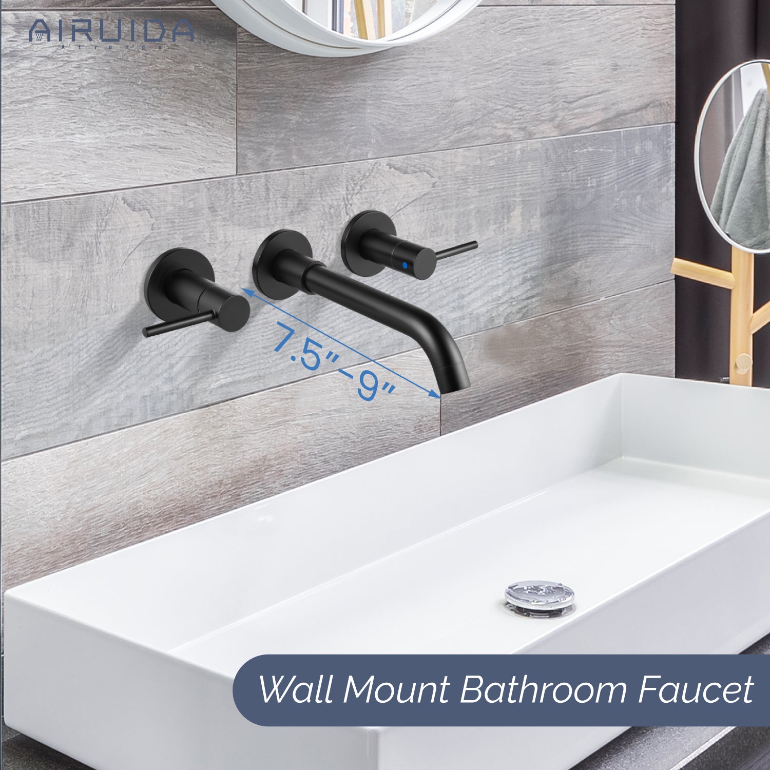 Airuida Wall Mount Bathroom Faucet Solid Brass Widespread Bathroom 360 Swivel Spout Sink Faucet Double Handles Lavatory Basin Sink Mixing Faucet with Rough in Valve