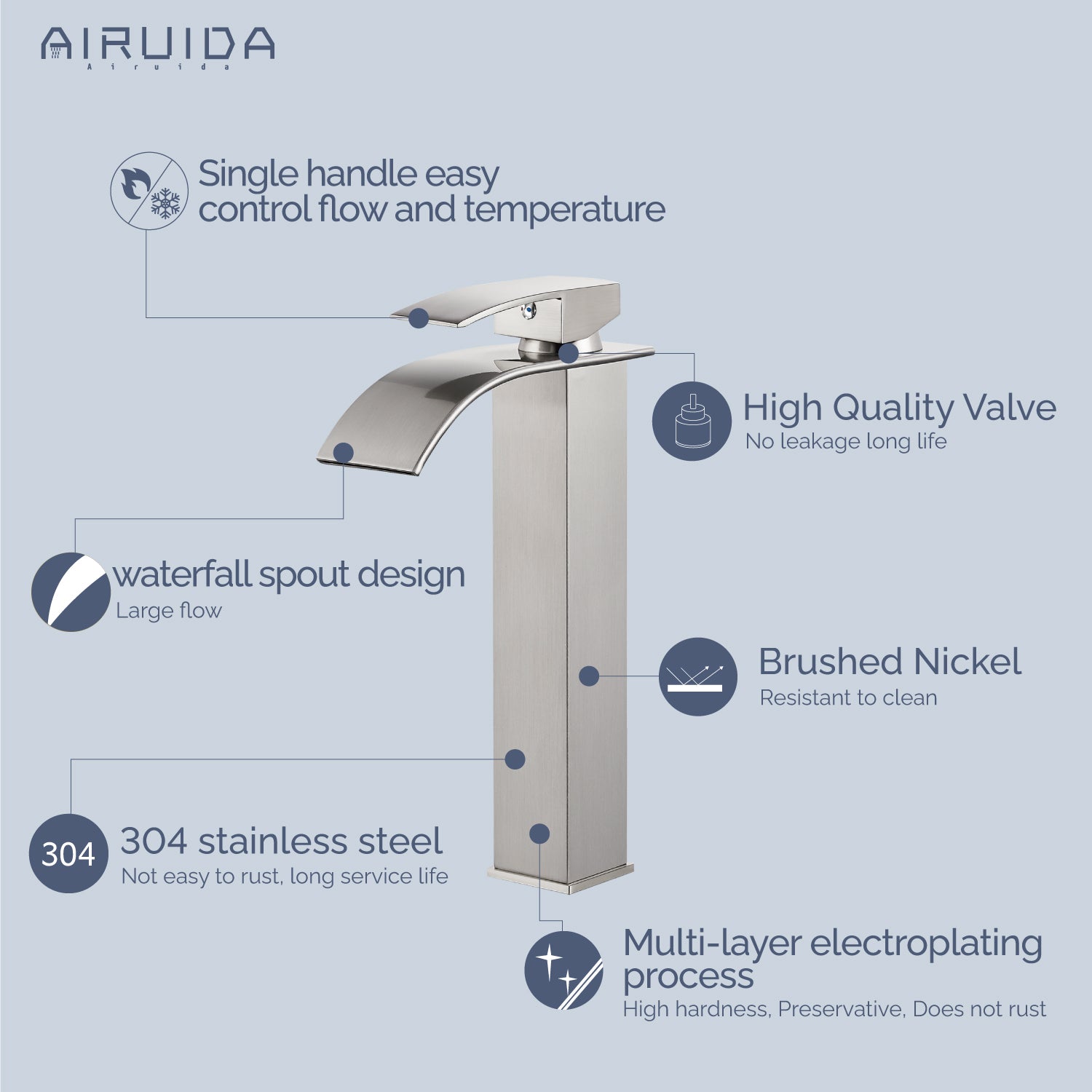 Airuida Vessel Sink Faucet, Tall Waterfall Bathroom Faucet, Single Handle One Hole Mixer Bowl Tap with Large Rectangular Spout, Bar Sink Faucet Lavatory Vanity