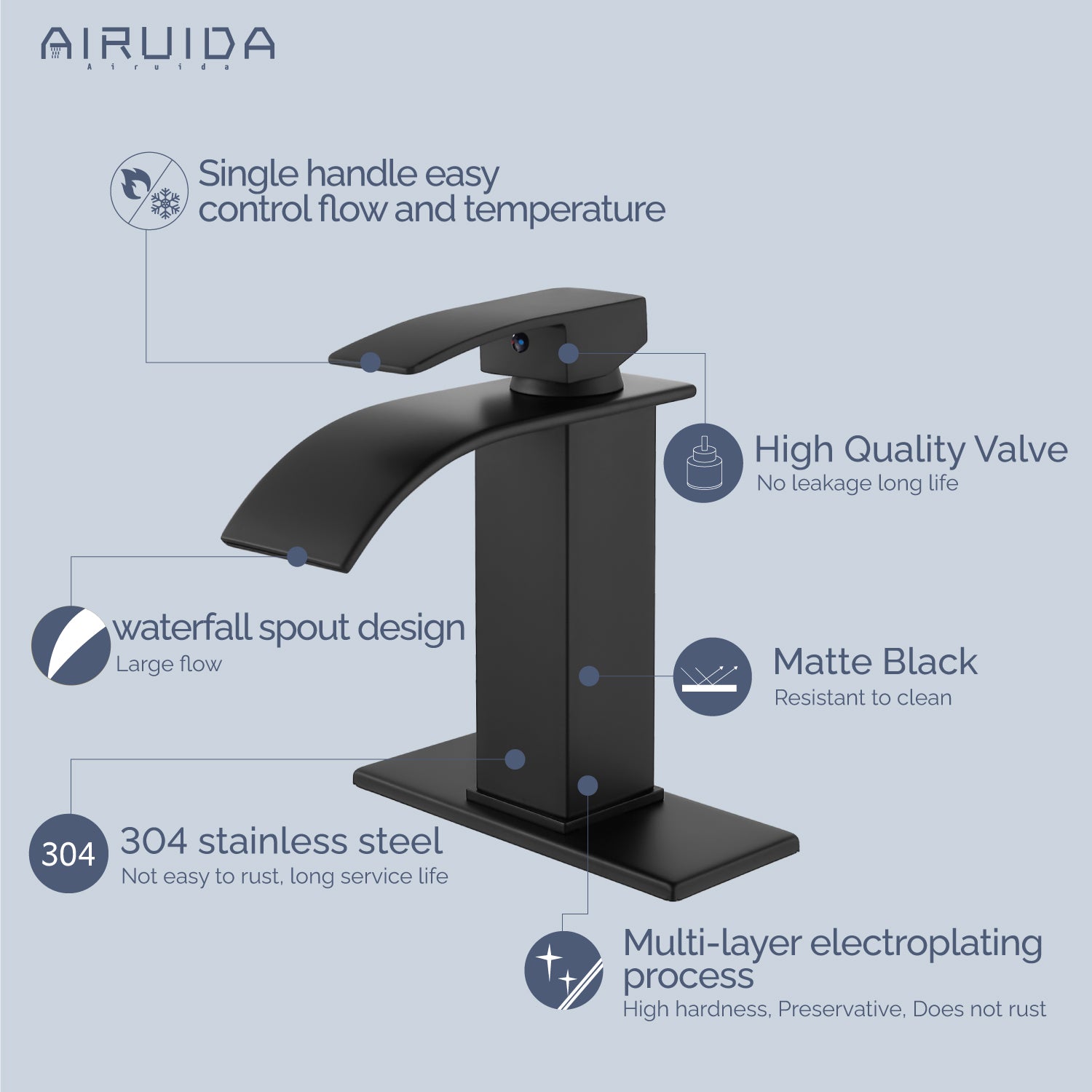 Airuida Waterfall Spout Bathroom Faucet, Single Handle Single Hole Bathroom Sink Faucet-Deck Mount with Deck Plate, Rv Lavatory Vanity Faucet