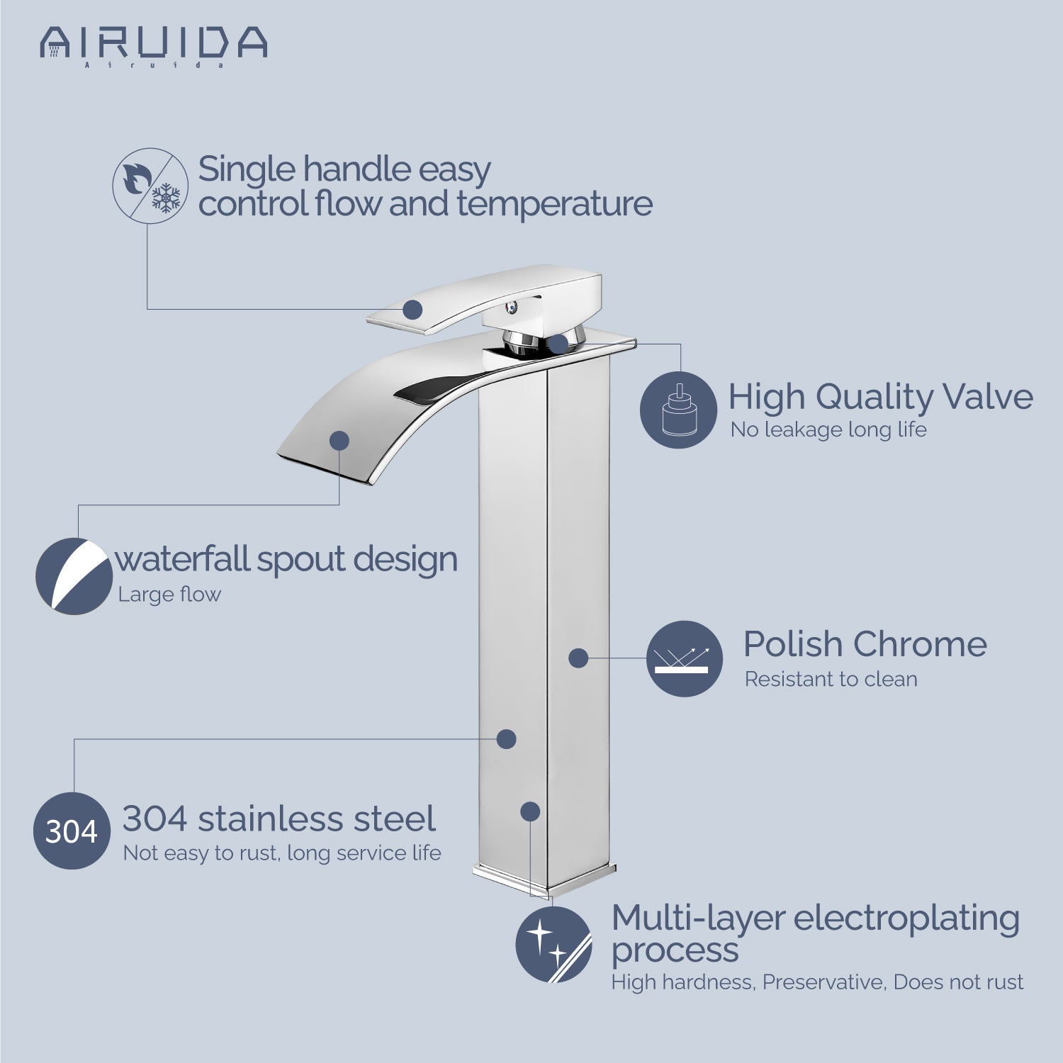 Airuida Vessel Sink Faucet Tall Waterfall Bathroom Faucet, Single Handle One Hole Mixer Bowl Tap with Large Rectangular Spout, Bar Sink Faucet Lavatory Vanity