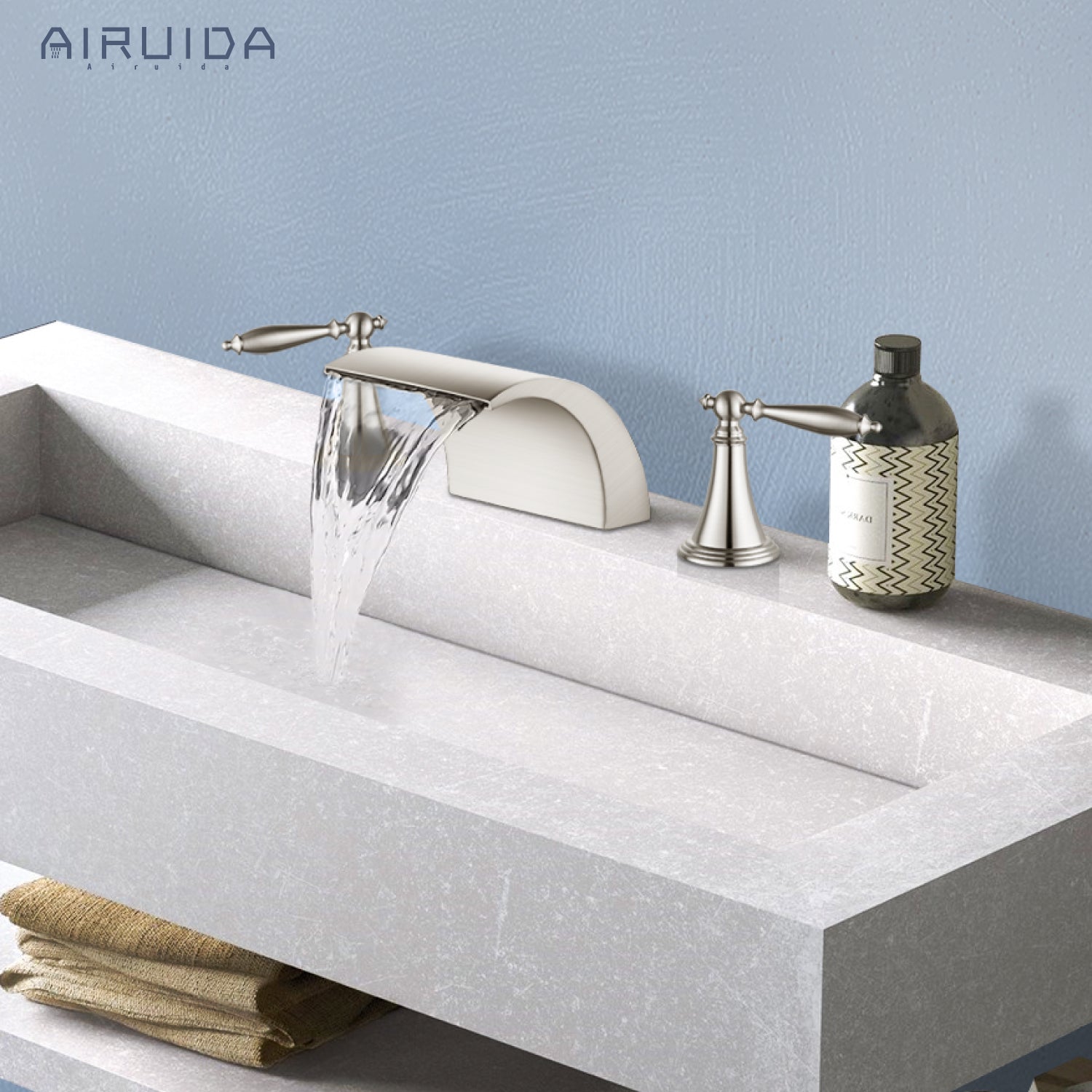 Airuida Widespread Waterfall Bathroom Faucet, Deck Mounted 8 Inch Faucet, Double Handles 3 Holes Waterfall Bathroom Faucet