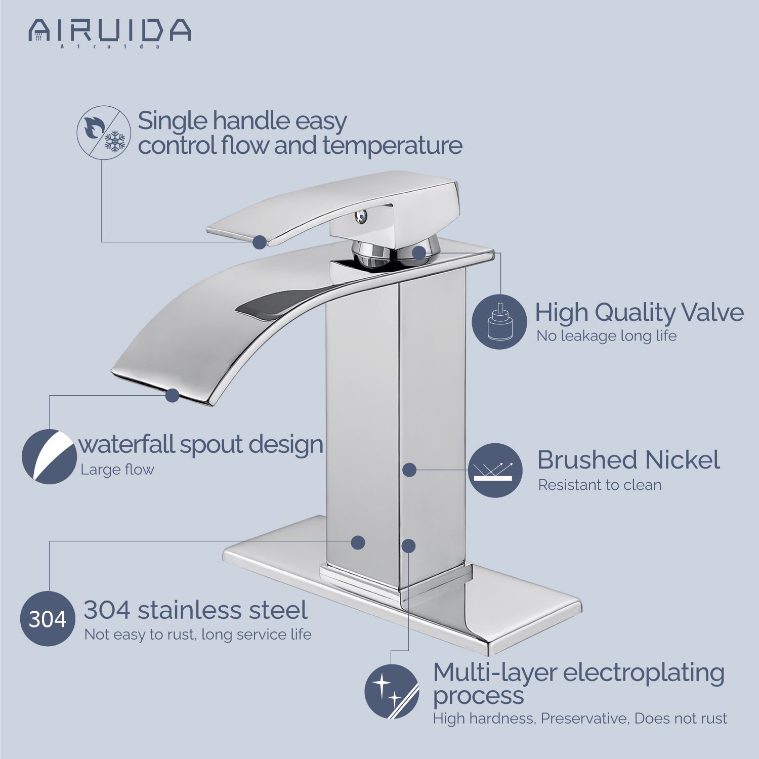 Airuida Waterfall Spout Bathroom Faucet, Single Handle Single Hole Bathroom Sink Faucet-Deck Mount with Deck Plate, Rv Lavatory Vanity Faucet