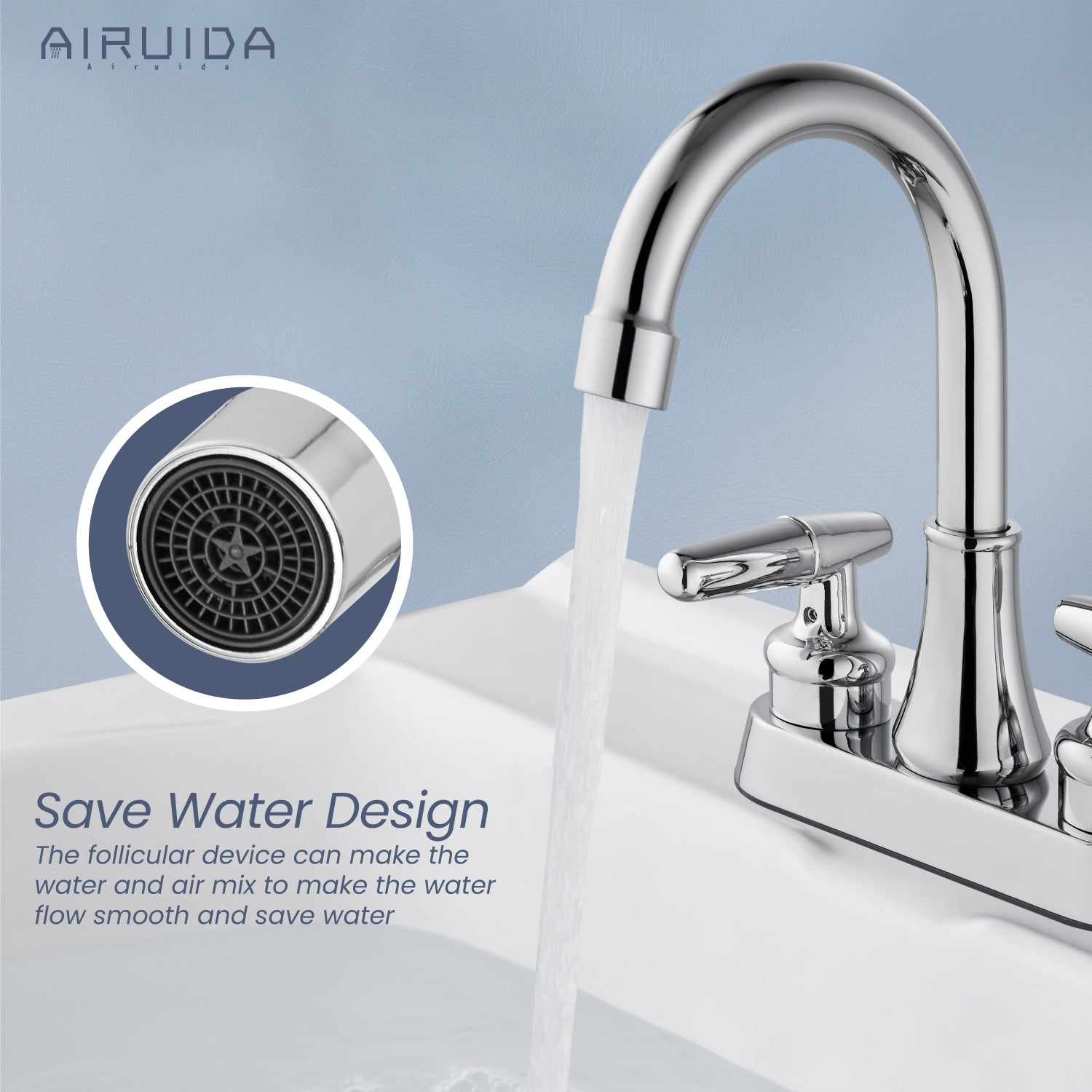 Airuida Bathroom Faucet 4 inch Centerset Two Handle Bathroom Sink Faucet 360°Swivel Spout Bathroom Faucet with Supply Hoses and Pop Up Drain Deck Mount