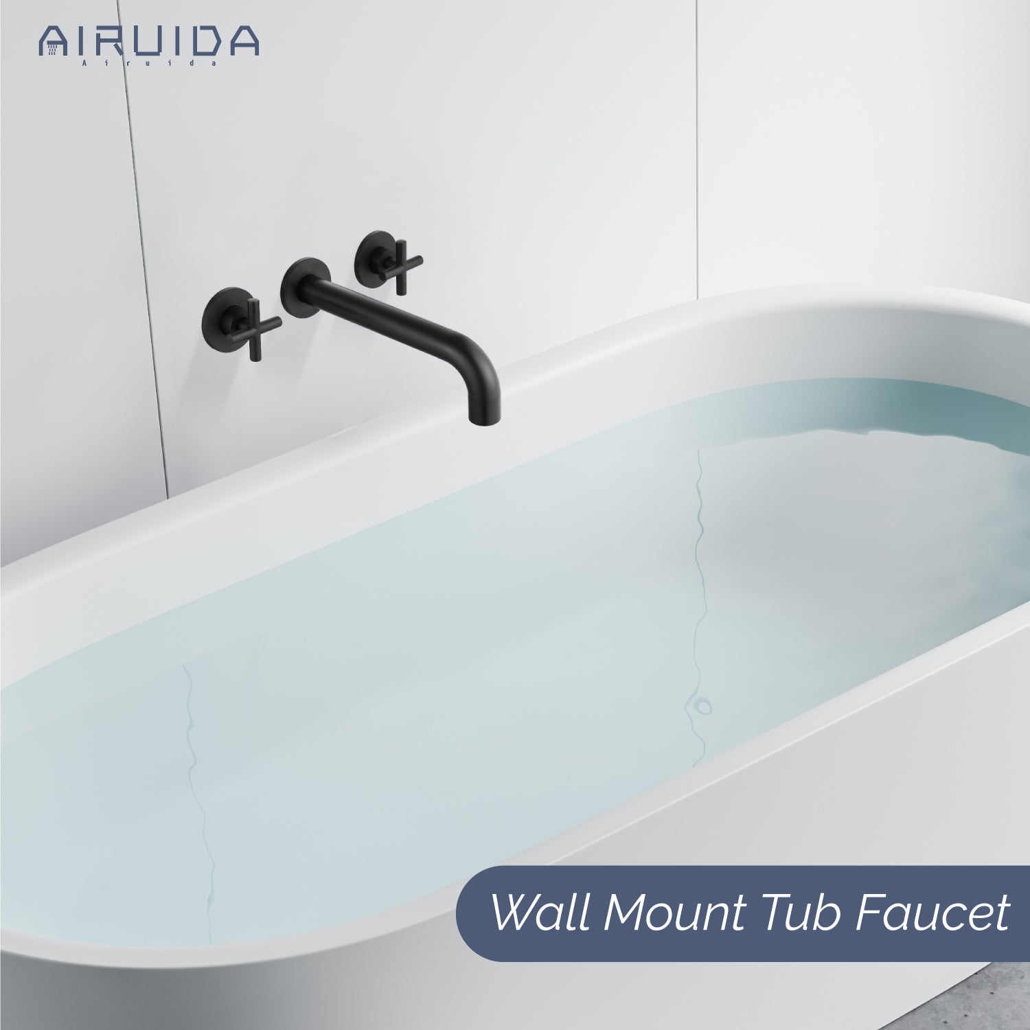 Airuida Wall Mounted Tub Faucet, Wall Mount Tub Filler,Wall Mount Bathtub Faucet with High Flow Two Cross Solid Brass Handles, Long Spout Reach with Rough-in Valve Included