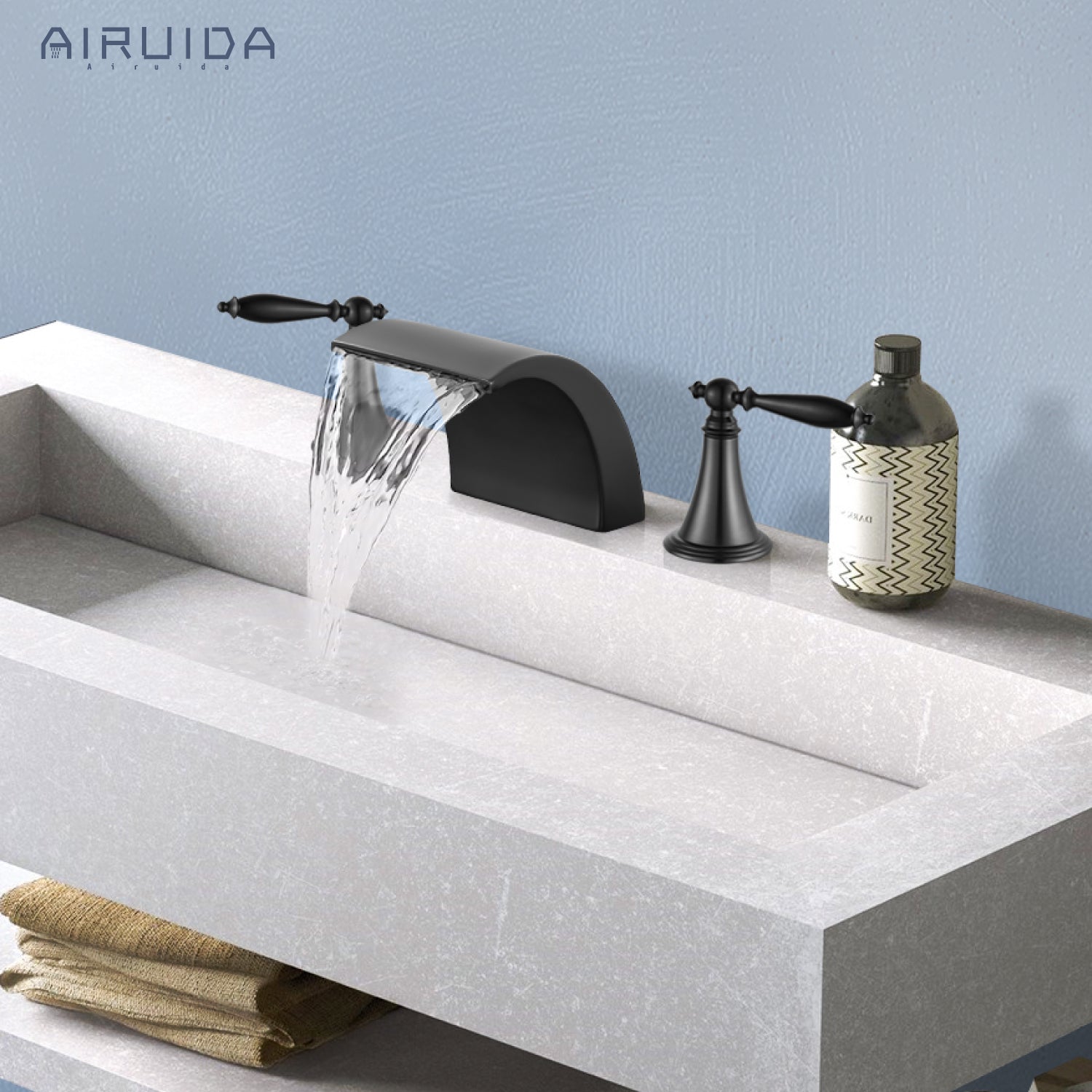 Airuida Widespread Waterfall Bathroom Faucet, Deck Mounted 8 Inch Faucet, Double Handles 3 Holes Waterfall Bathroom Faucet