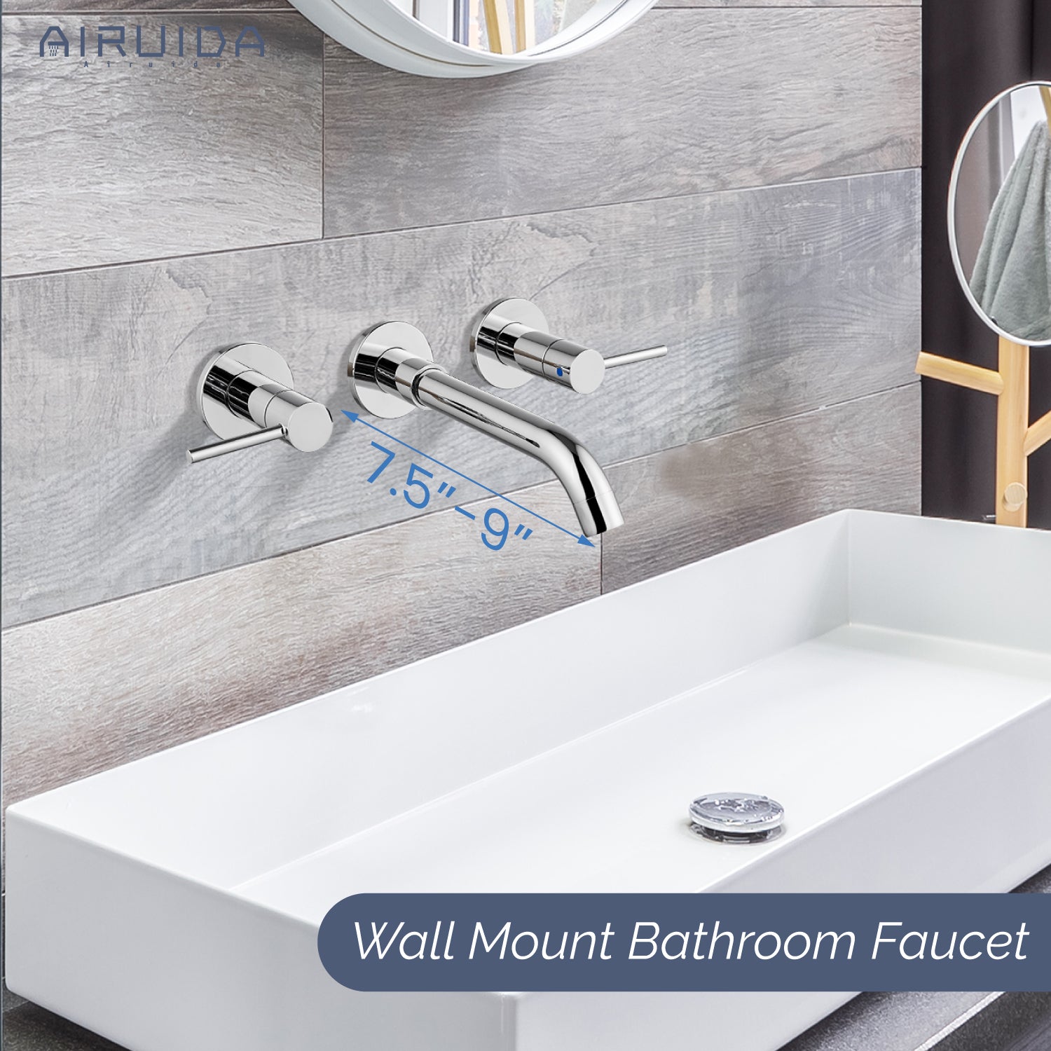 Airuida Wall Mount Bathroom Faucet Solid Brass Widespread Bathroom 360 Swivel Spout Sink Faucet Double Handles Lavatory Basin Sink Mixing Faucet with Rough in Valve