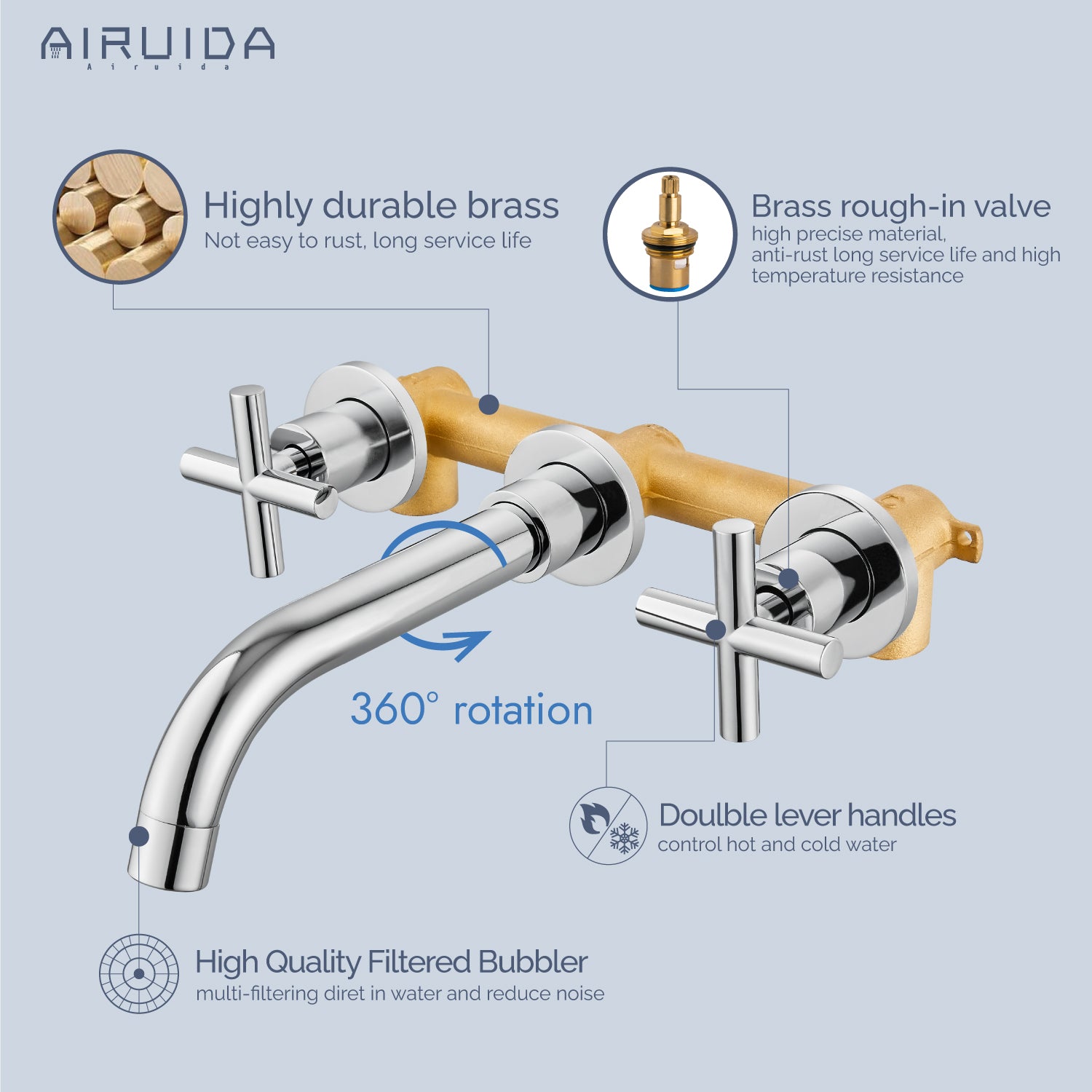 Airuida Wall Mount Bathroom Faucet Solid Brass Widespread Bathroom 360 Swivel Spout Sink Faucet Double Handles Lavatory Basin Sink Mixing Faucet with Rough in Valve