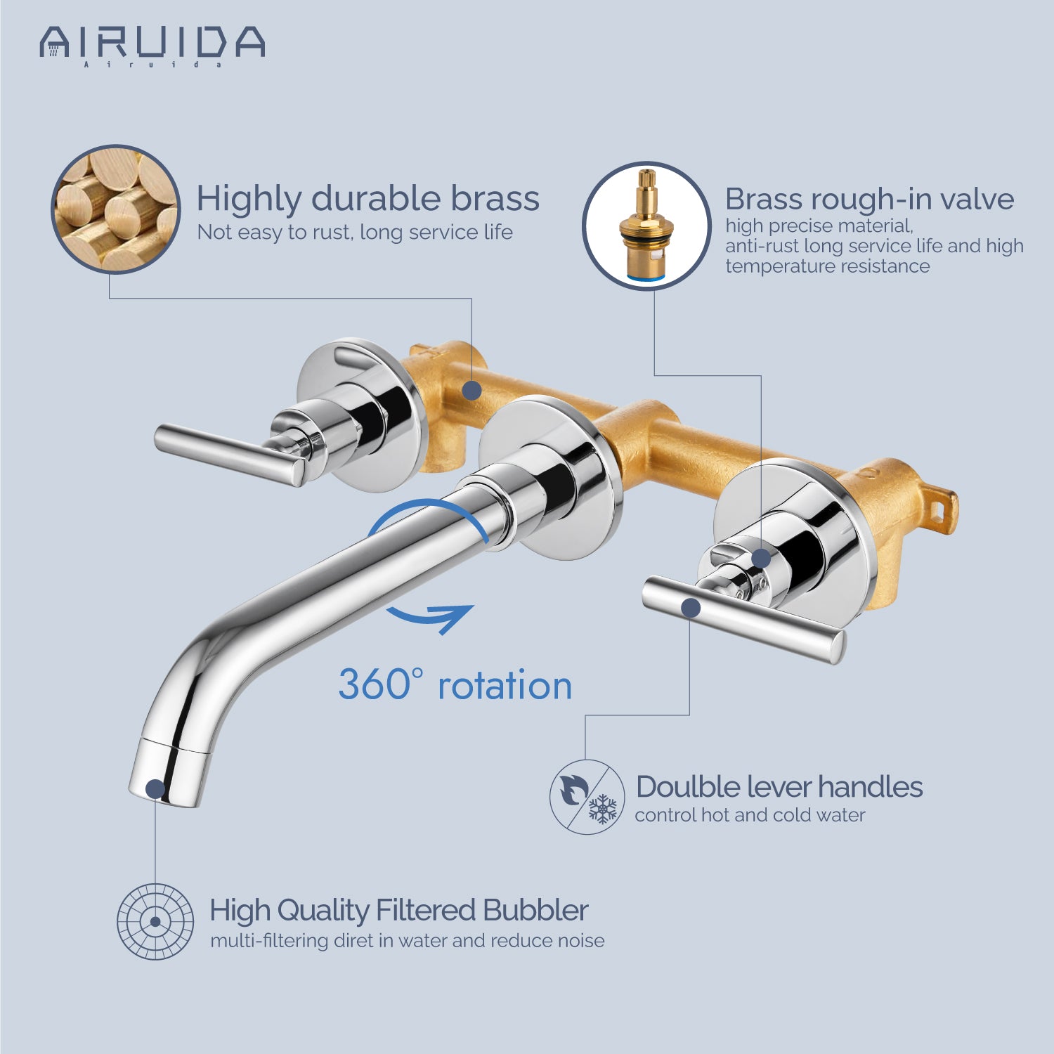 Airuida Wall Mount Bathroom Faucet Solid Brass Widespread Bathroom 360 Swivel Spout Sink Faucet Double Handles Lavatory Basin Sink Mixing Faucet with Rough in Valve