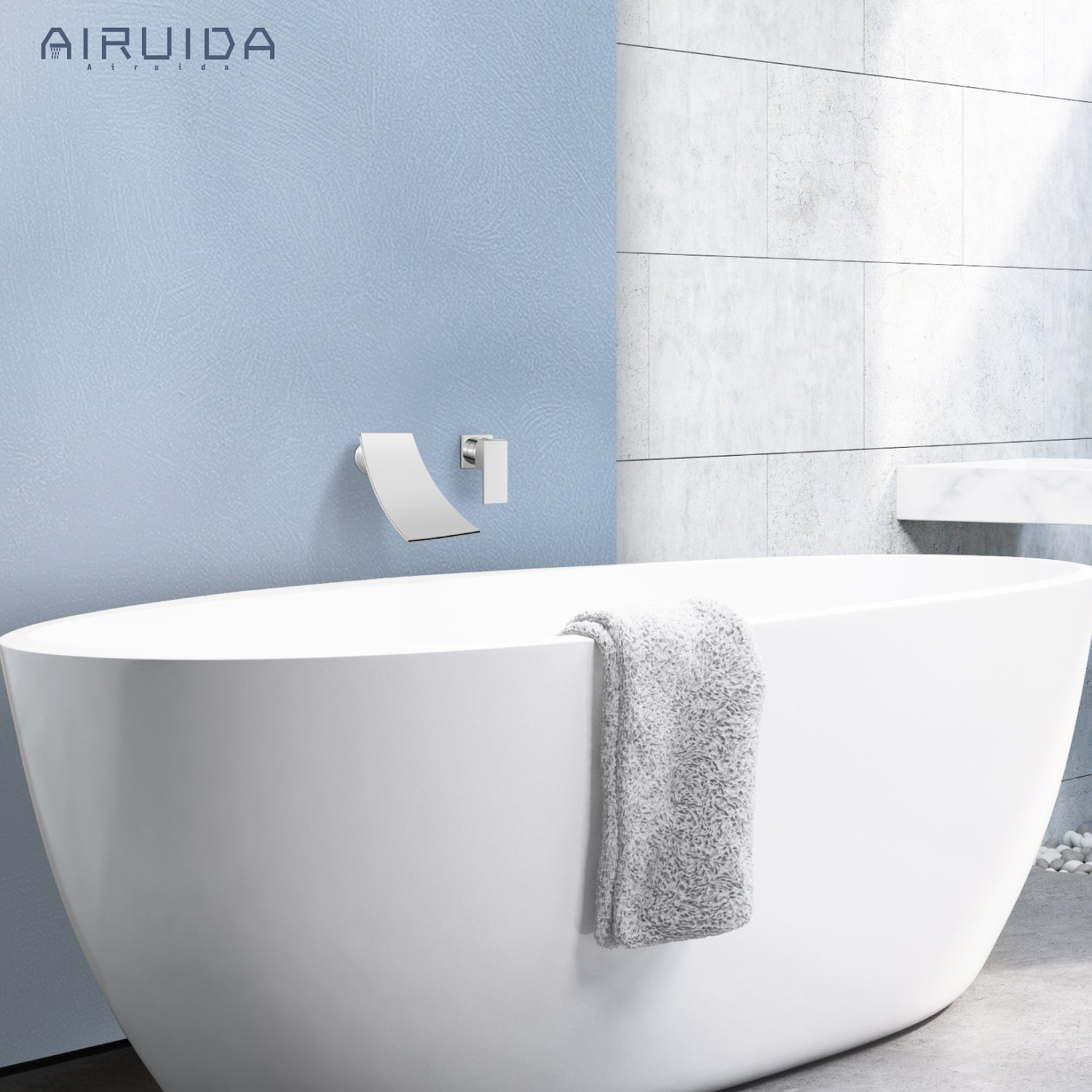 Airuida Wall Mount Wall Mount Bathtub Faucet, Tub Filler with Waterfall Tub Spout, Single Handle Bathroom Mixer Tap Brass Rough-in Valve Included