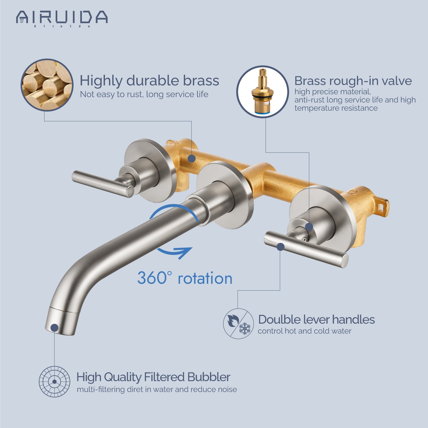 Airuida Wall Mount Bathroom Faucet Solid Brass Widespread Bathroom 360 Swivel Spout Sink Faucet Double Handles Lavatory Basin Sink Mixing Faucet with Rough in Valve