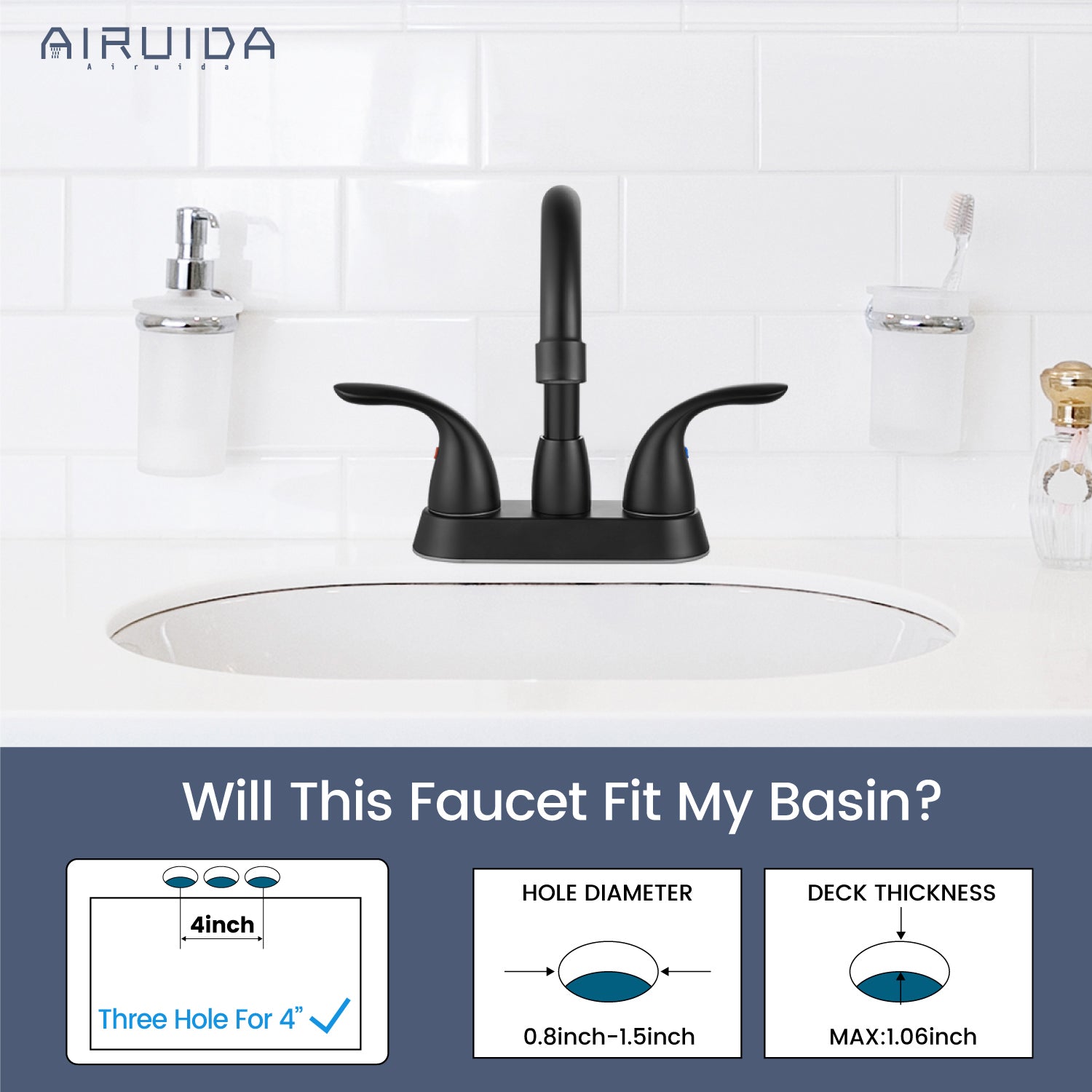 Airuida Bathroom Faucet 4 inch Centerset Two Handle Bathroom Sink Faucet 360°Swivel Spout Bathroom Faucet with Supply Hoses and Pop Up Drain Deck Mount